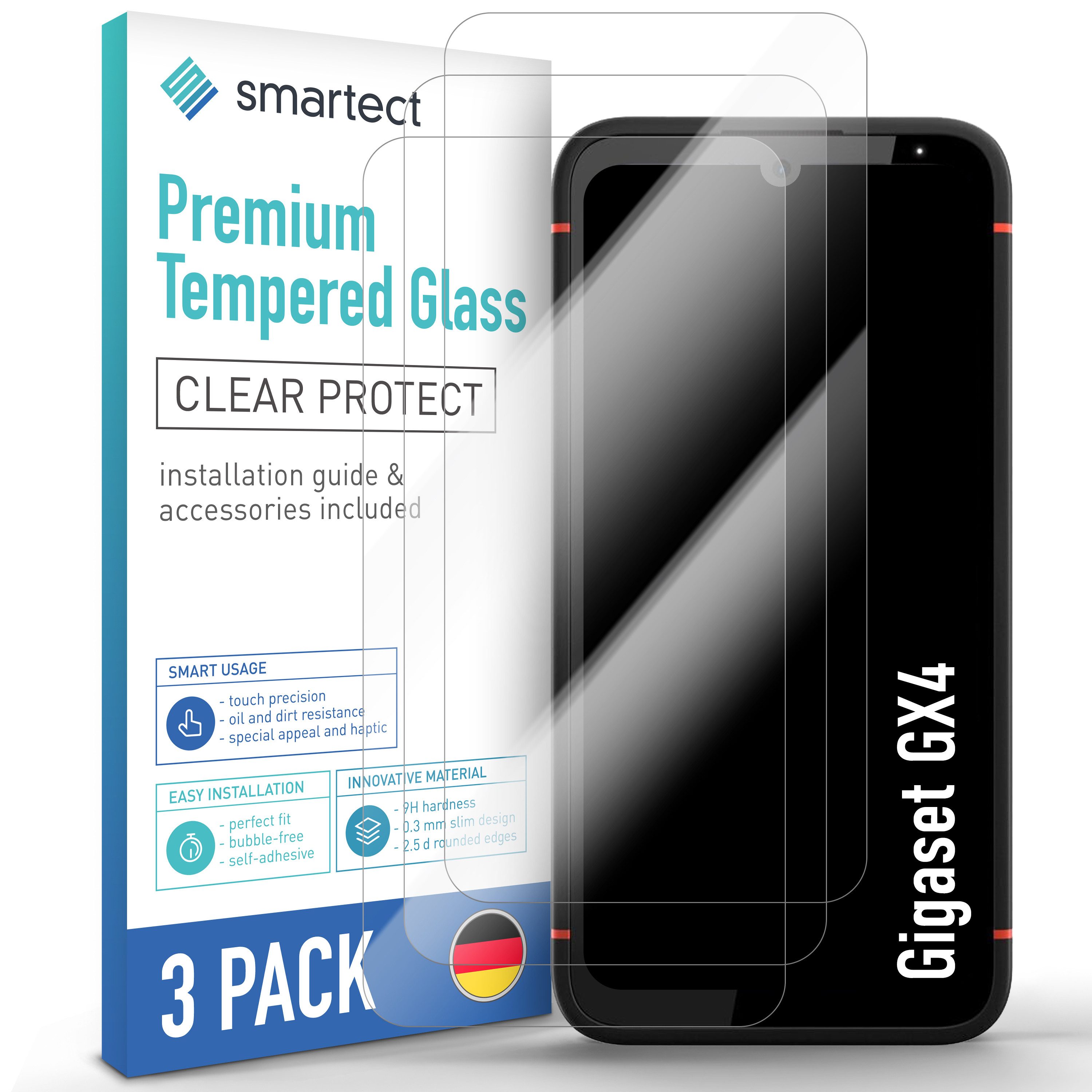 smartect Displayschutzglas Schutzglas Klar für Gigaset GX4, 3 Stück für Gigaset GX4, 3 Stück, Anti-Fingerabdruck, 9H Härte, Blasenfreie Installation