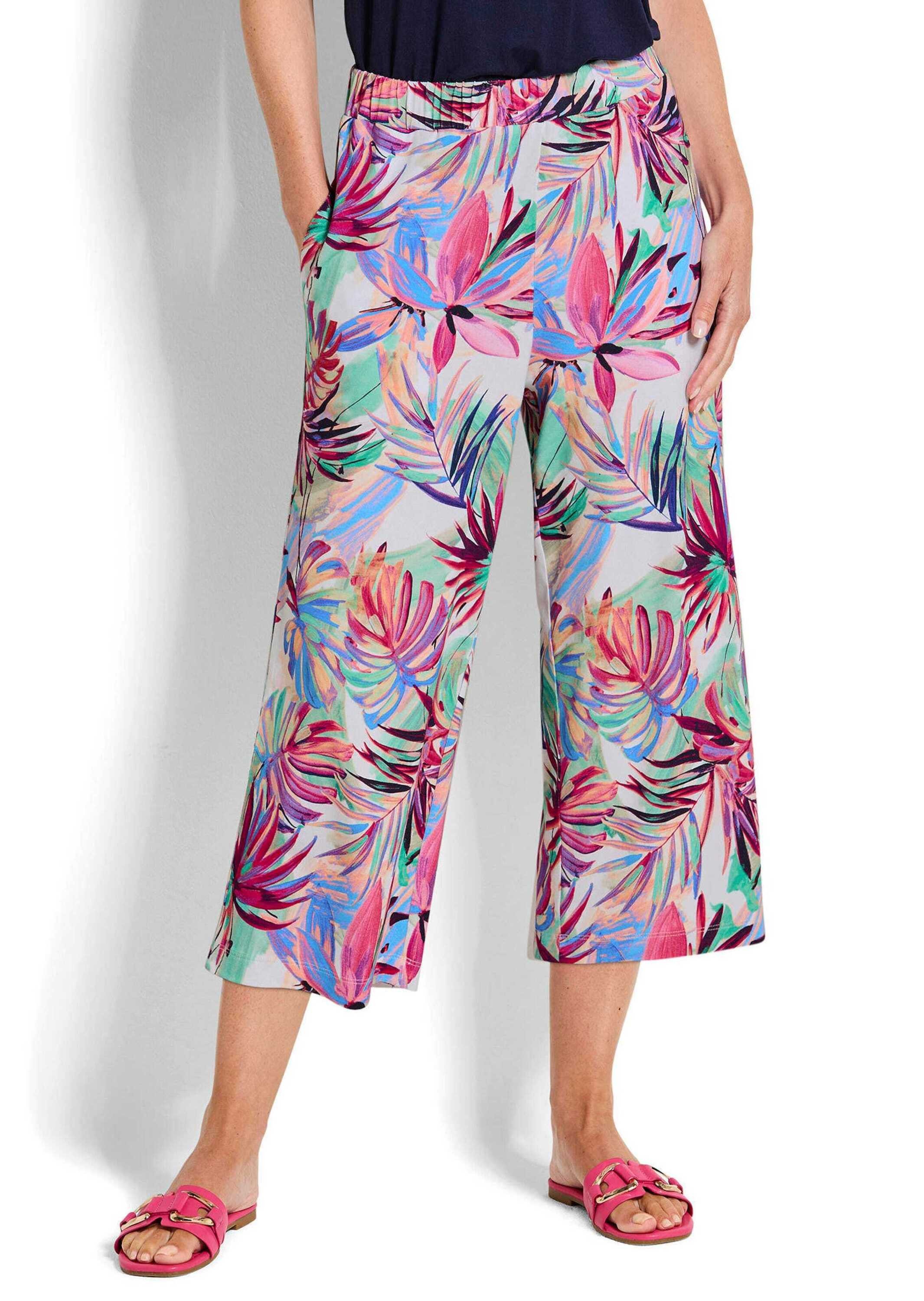 GOLDNER Schlupfhose Kurzgröße: Jerseyhose mit Palmen-Print Stretchhose mit elastischem Bund, Eingriffstaschen und 7/8-Länge