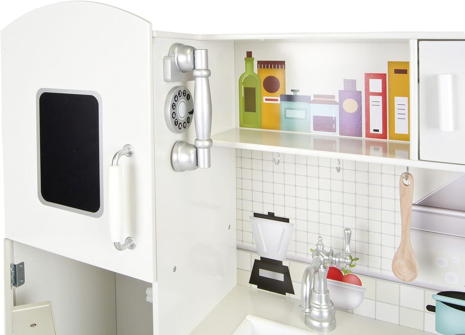 COIL Spielküche Holzküche, Kinderspielküche, Küche mit Zubehör, Große Küche, Kühlschrank, Backofen, Mikrowelle, Küchenzubehör, Telefon, ab 3 Jahren