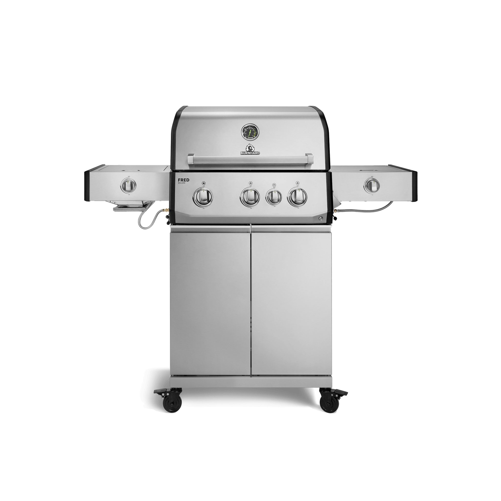 BURNHARD® Gasgrill 3-Brenner, 900°C Infrarot-Keramikbrenner, Longlife Premium-Gussbrenner, Seitenkochfeld, Edelstahl, Piezo-Zündung, Edelstahlrost – FRED Deluxe+