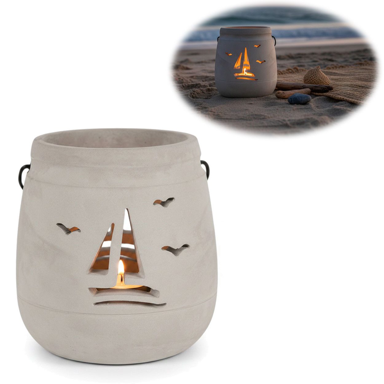 LS-LebenStil Windlicht Beton Segelboot 13cm Shabby Grau Maritim Teelichthalter Kerzenhalter (1 St., Kerzenhalter / Laterne mit Henkel, Tischdeko, Maritime outdoor Deko), Gartenlaterne für draußen, Sommerdeko, Kerzenständer Geschenk