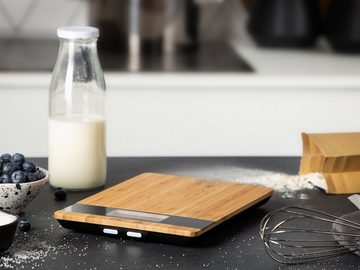 PRINCESS Küchenwaage, digitale Bambus Küchen Lebensmittelwaage extra flache Fein-Waage Gramm