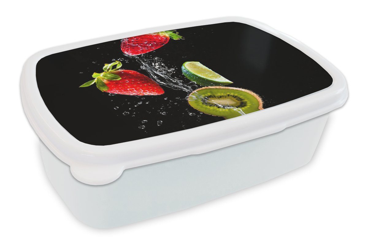MuchoWow Lunchbox Obst - Wasser - Schwarz - Stillleben Erdbeere - Kiwi, Kunststoff, (2-tlg), Brotbox für Kinder und Erwachsene, Brotdose, für Jungs und Mädchen weiß