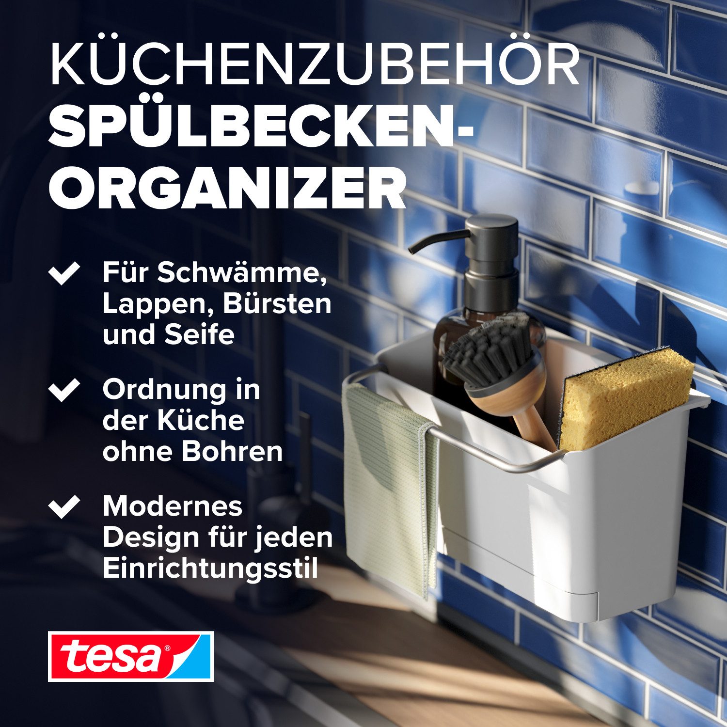 tesa Küchenorganizer-Set tesa Küchenzubehör Spülbecken Organizer - selbstklebende Halterung, (Komplett-Set, 2-tlg., Spülbeckenablage, Adapter, tesa Power.Kit Klebelösung, Wasserwaage), Wandhalterung für Spülutensilien, Montage ohne Bohren