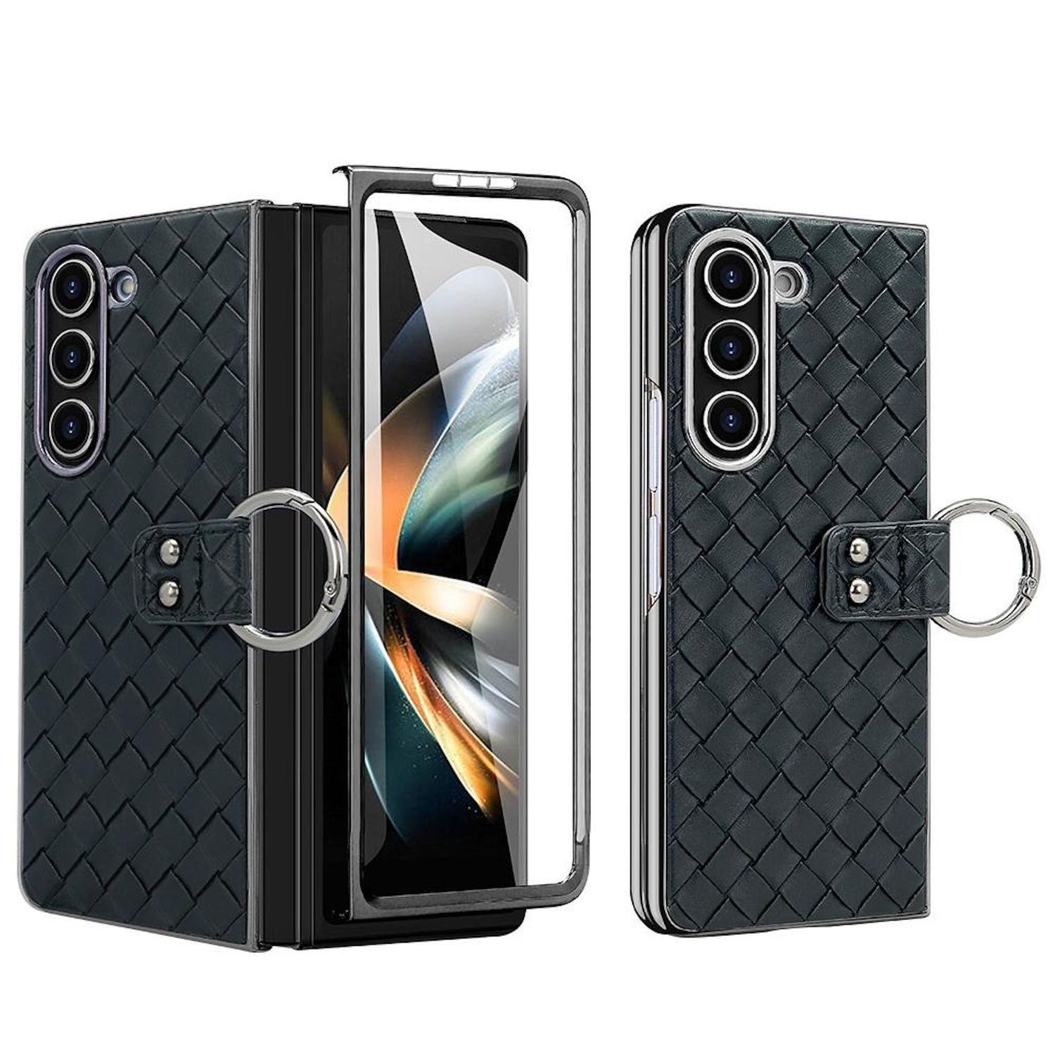 Wigento Handyhülle Für Samsung Galaxy Z Fold6 Gewebte Kunstleder Ring Hülle Case Schwarz, Stoßfest, Metallring, gewebtes Design