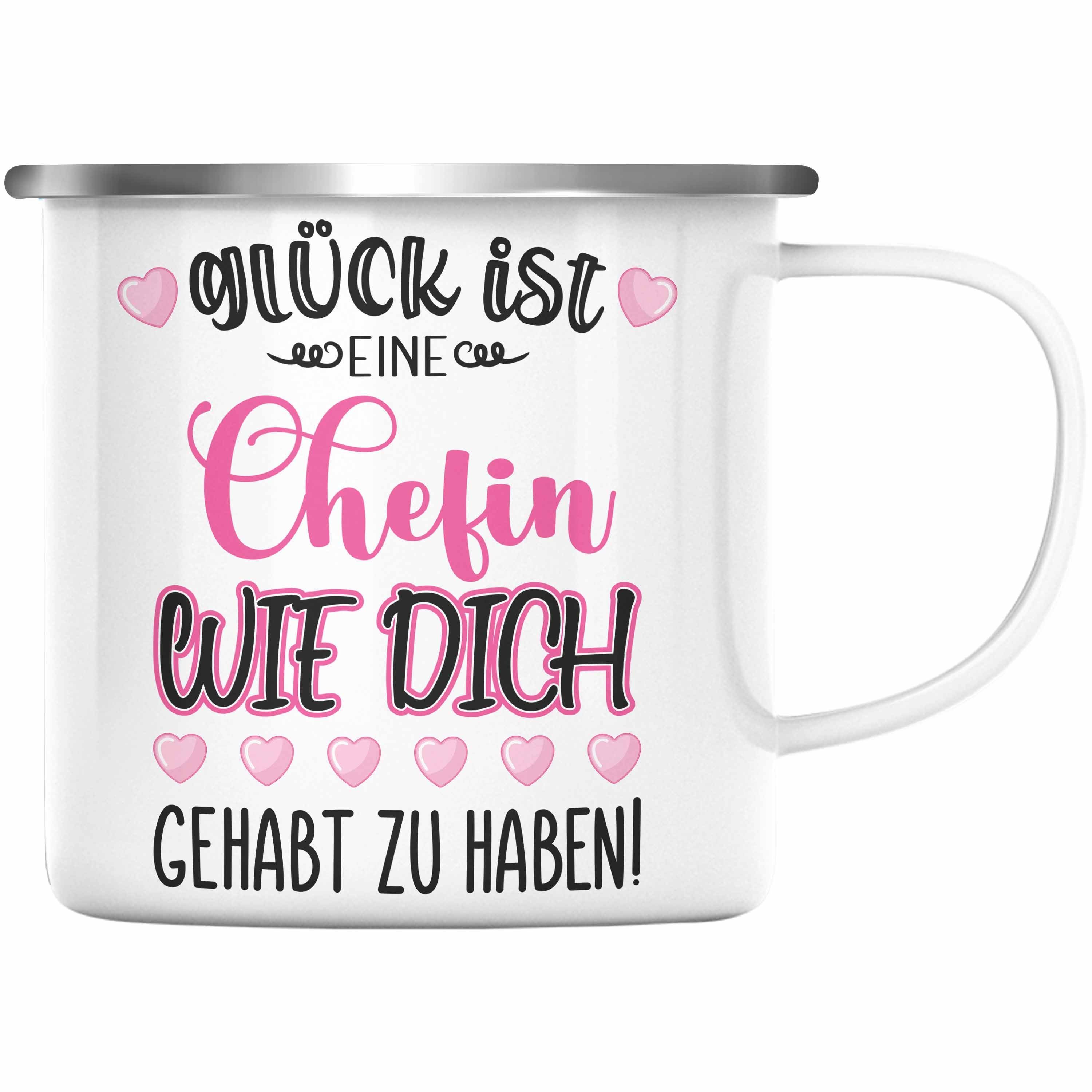 Trendation Thermotasse Trendation - Chefin Abschiedsgeschenk Abschied Chefinnen Emaille Tasse mit Spruch Grossartige Chefin Geschenkidee Silber