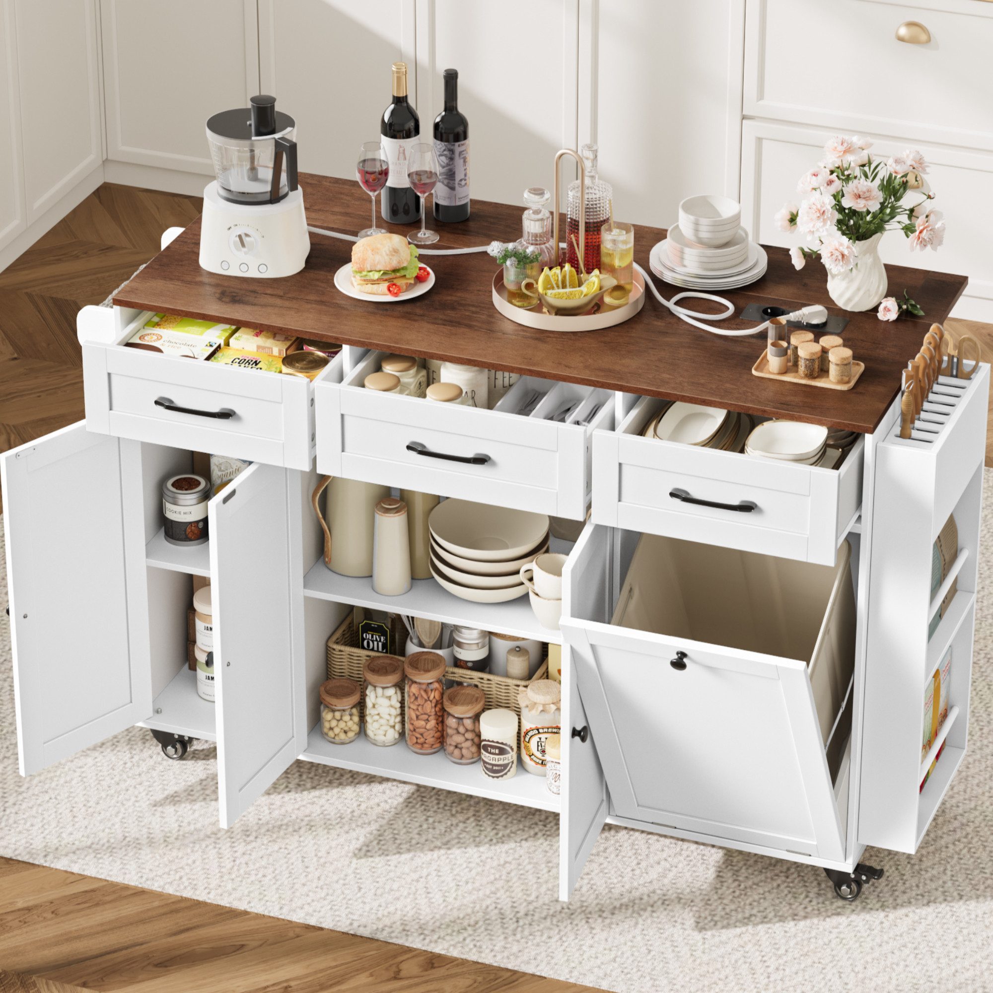 Homfa Küchenwagen mit Steckdoseleiste, 135cm klappbarer Arbeitsplatte & Messerblock, Kücheninsel mit Rollen, Küchenschrank mit Müllsystem 135x88x60cm