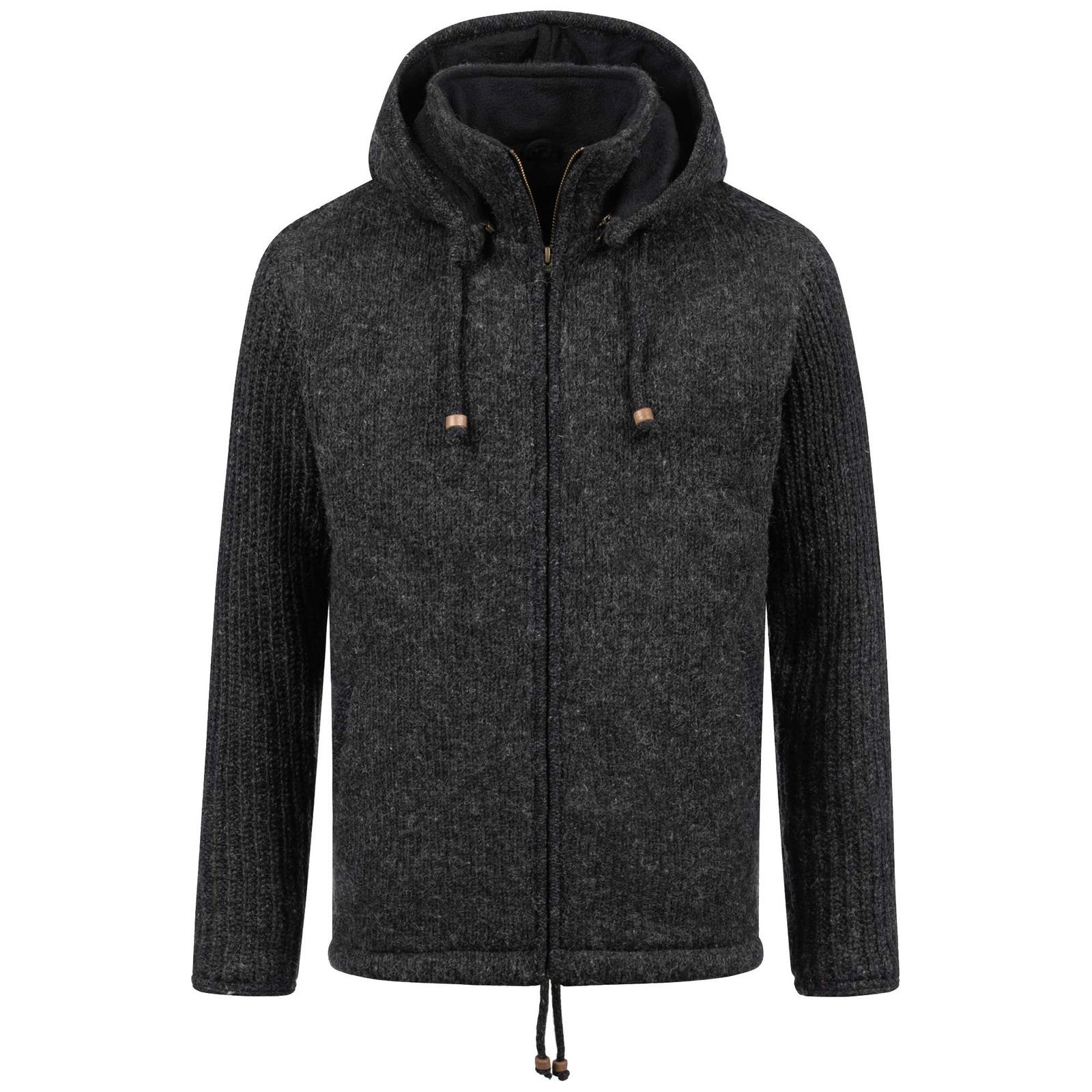 KUNST UND MAGIE Strickjacke Strickjacke Schurwolle Klassich Nordisch Wolle +Kapuze Kragen Schwarz