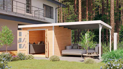 Karibu Gartenhaus "Plutino A" SET, Anbaudach 3m breit, BxT: 271x574 cm, naturbelassen-weiß, -staubgrau oder -anthrazit