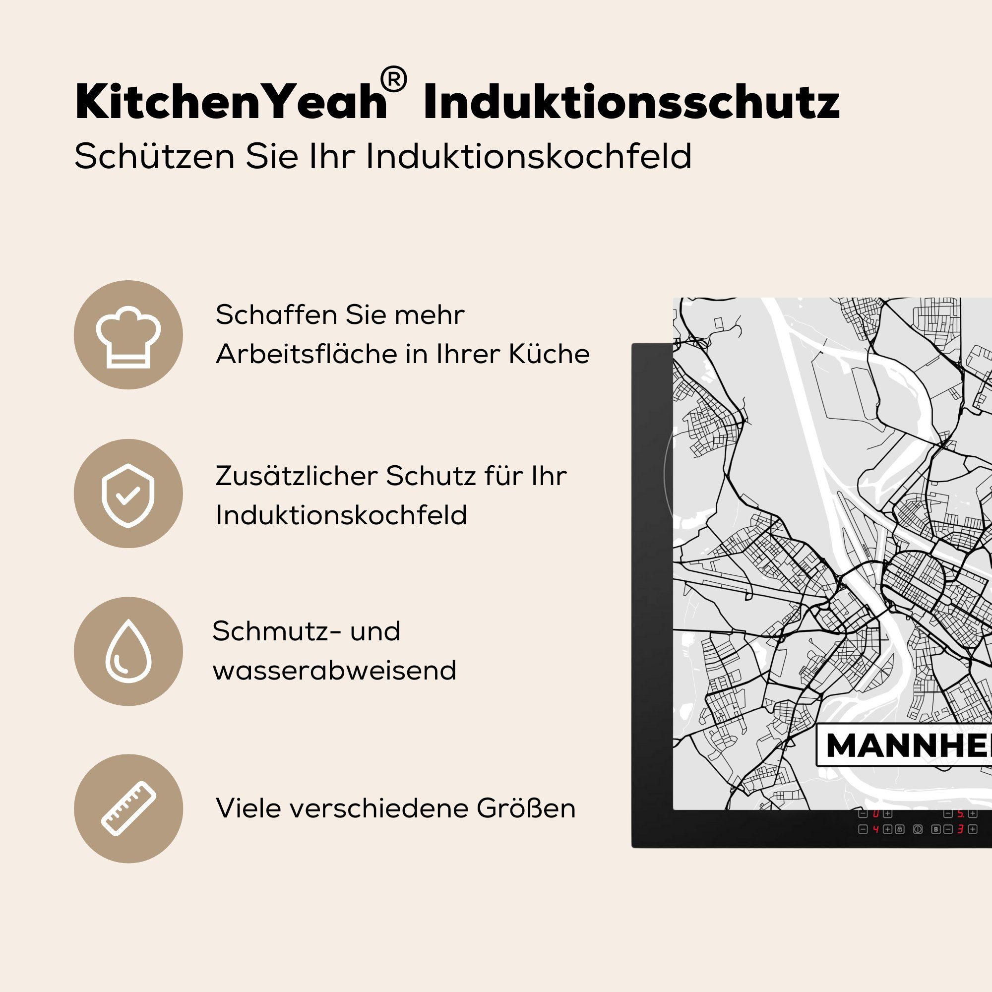 - (1 Ceranfeldabdeckung, Mannheim MuchoWow Herdblende-/Abdeckplatte Karte Arbeitsplatte 78x78 tlg), Stadtplan, - - küche Deutschland Vinyl, cm, für