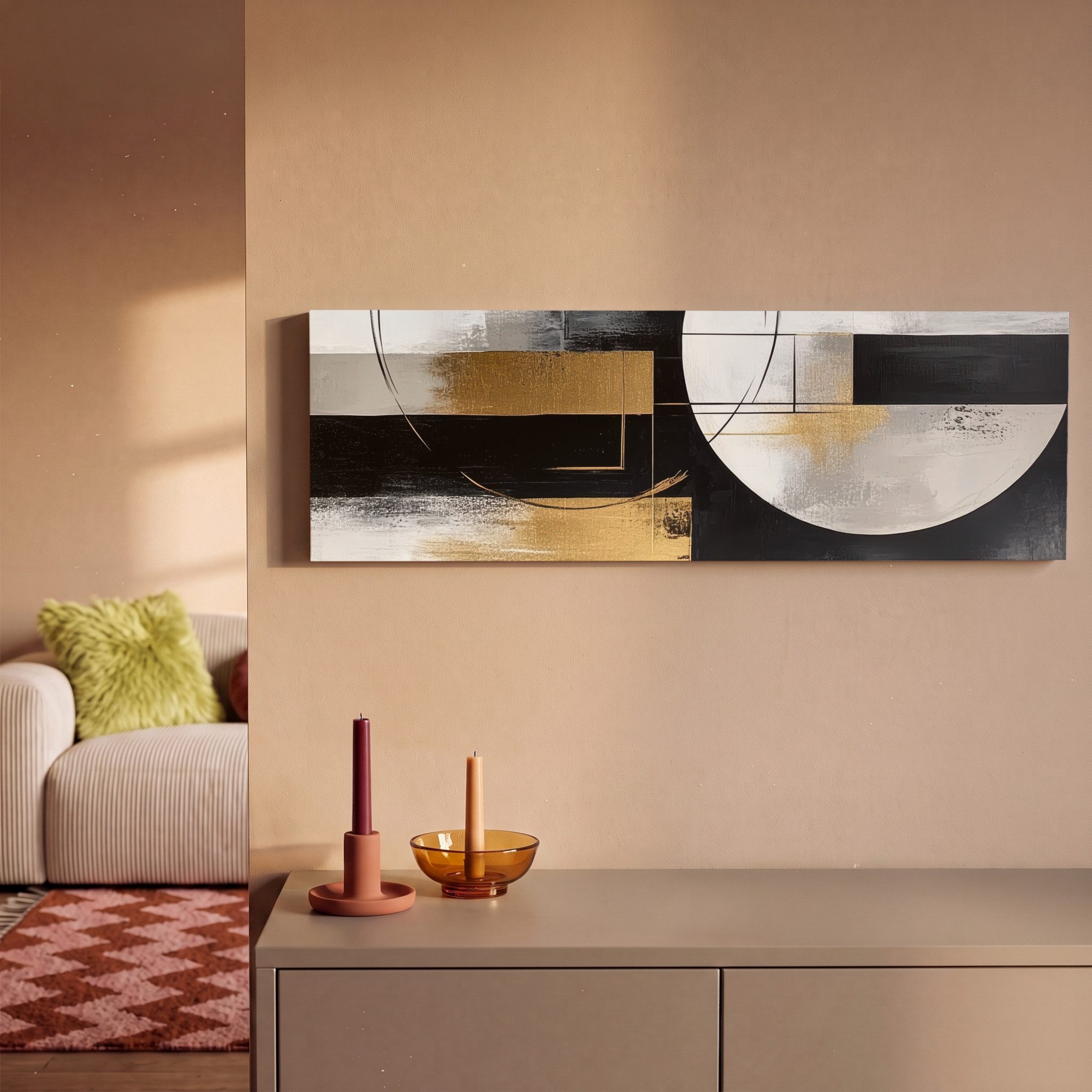 OneMillionCanvasses® Leinwandbild Panorama Abstrakt - Gold - Silber - Formen - Ästhetik, Fotodruck (1 St), Wandbild, Deko Schlafzimmer Wohnzimmer Flur 60x20 cm – Bild 2 von 5