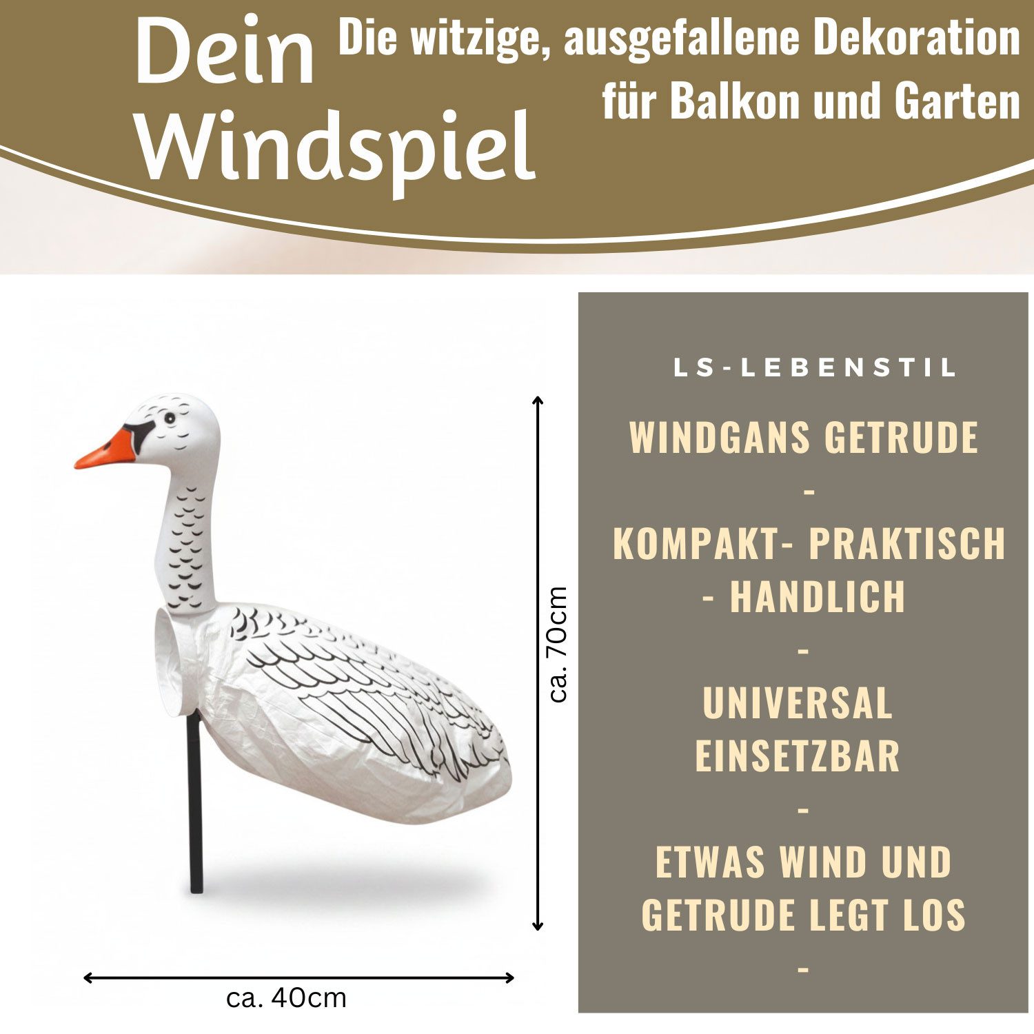 LS-LebenStil Windspiel Windgans Gertrude 70cm Windsack Gans Gartendeko für draußen (1 St., Gartendeko Windspiel für Balkon und Garten Lustige Dekofigur), Windsack Gans mit Gartenstecker, für draußen, Wetterfest