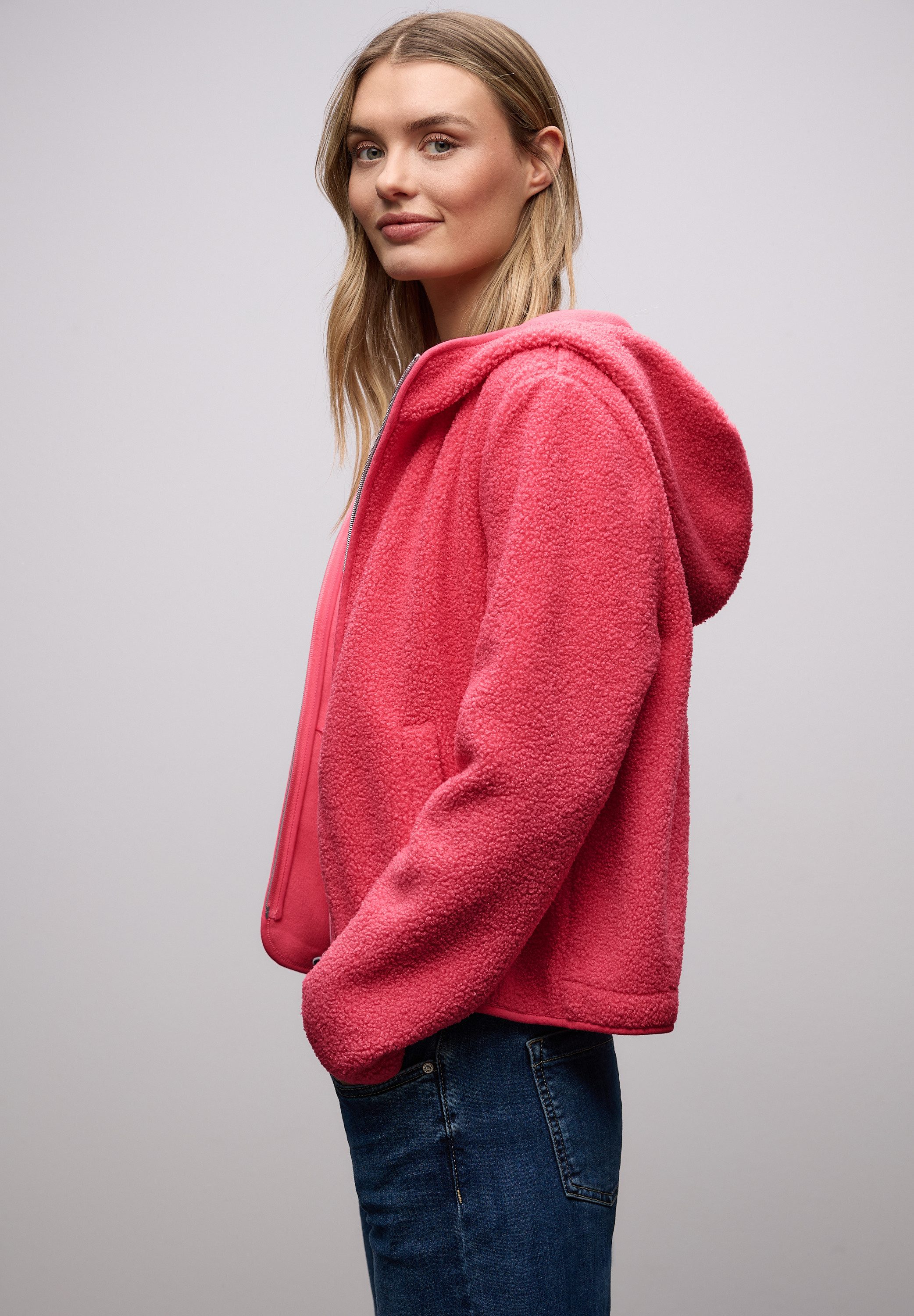 STREET ONE Strickfleecejacke Teddy-Jacke mit Kapuze und Reißverschluss