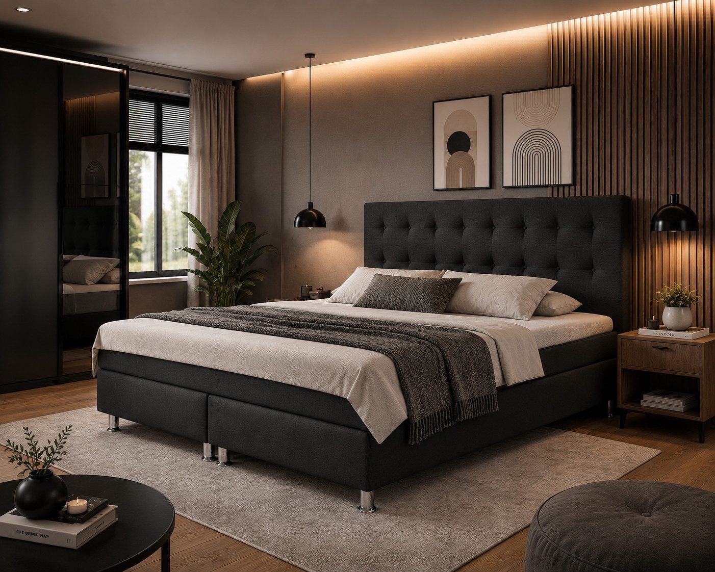 inter Boxspringbett Miami 180x200 cm Kunstleder mit 7-Zonen TFK und Topper (180x200 cm, Schwarz mit 7 Zonen Taschenfederkernmatratzen und Topper), Boxspringbett, Hotelkomfort, Mit Topper, Tonnentaschenfederkern