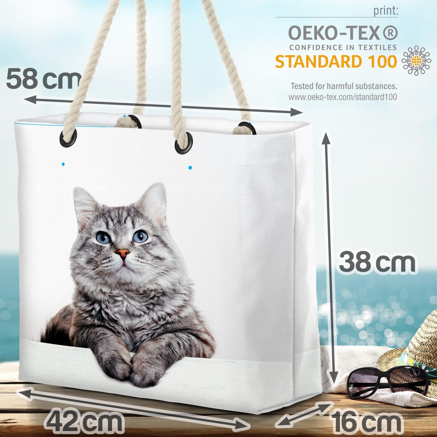 Tier Strandtasche Bag Haustier Kartäuser Cat getigert Katze VOID Kätzchen (1-tlg), Katze Graue Beach