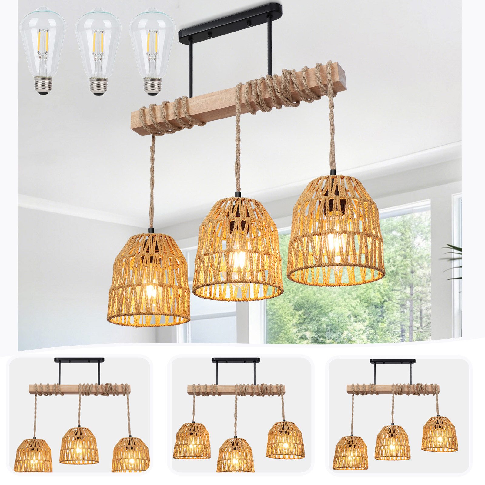 MUPOO Hängeleuchten 3 Köpfe Kronleuchter mit Rattanschirm, Boho Deckenlampe günstig online kaufen