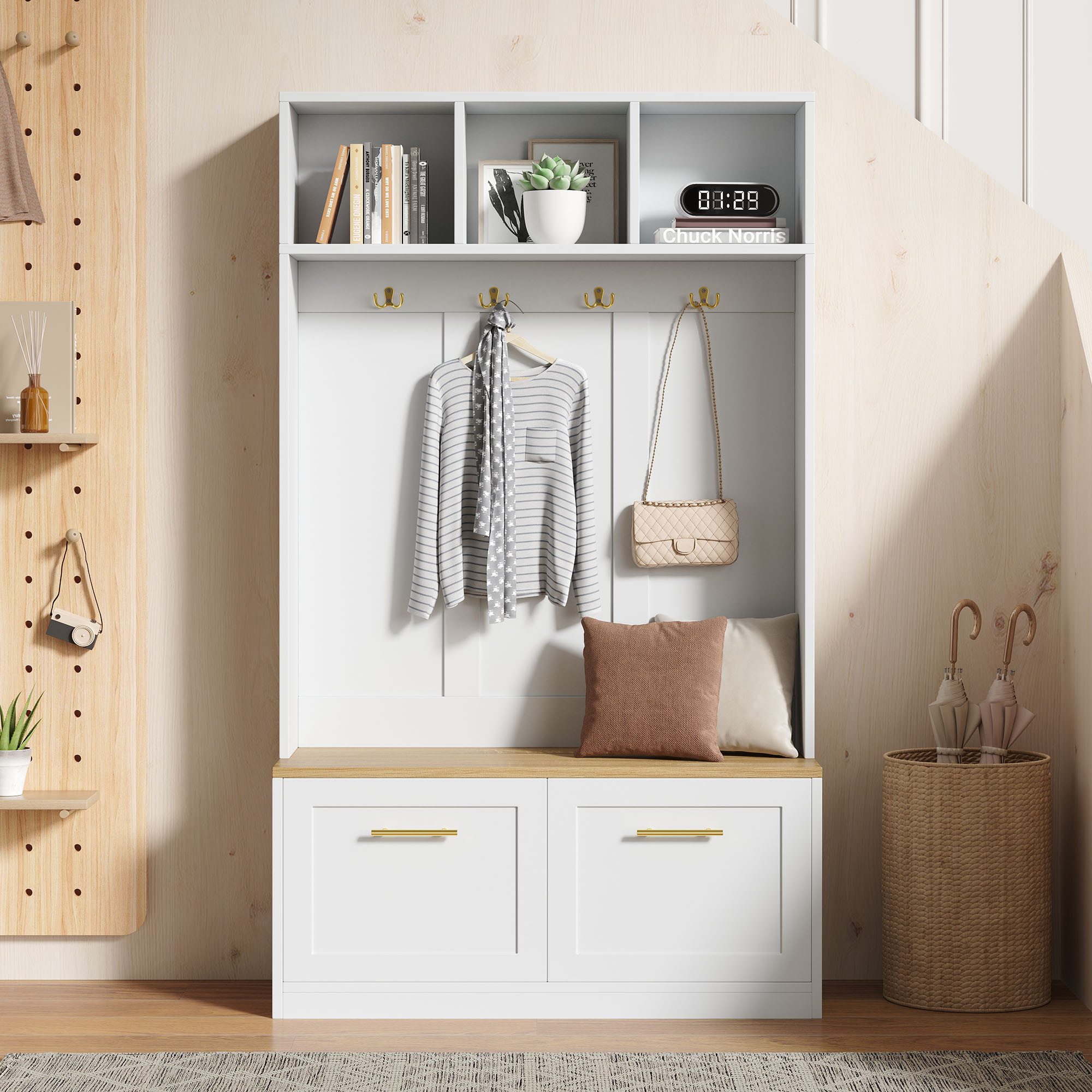 Luckice Garderobe Garderobenset mit Sitzbank, offenem Stauraum und 2 Türen (Kompaktgarderobe mit 4 Haken, in Natur & Weiß, Maße 105 × 40 × 180 cm)