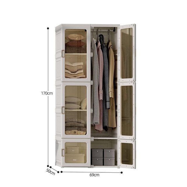 WISHDOR Kleiderschrank Kleiderschrank Faltschrank faltbare Garderobe Schlafzimmerschrank (mit Kleiderstange und 6 Türen) 170x69x50 cm, 590L, tiefere Fächer als normal, für Schlafzimmer, Weiß