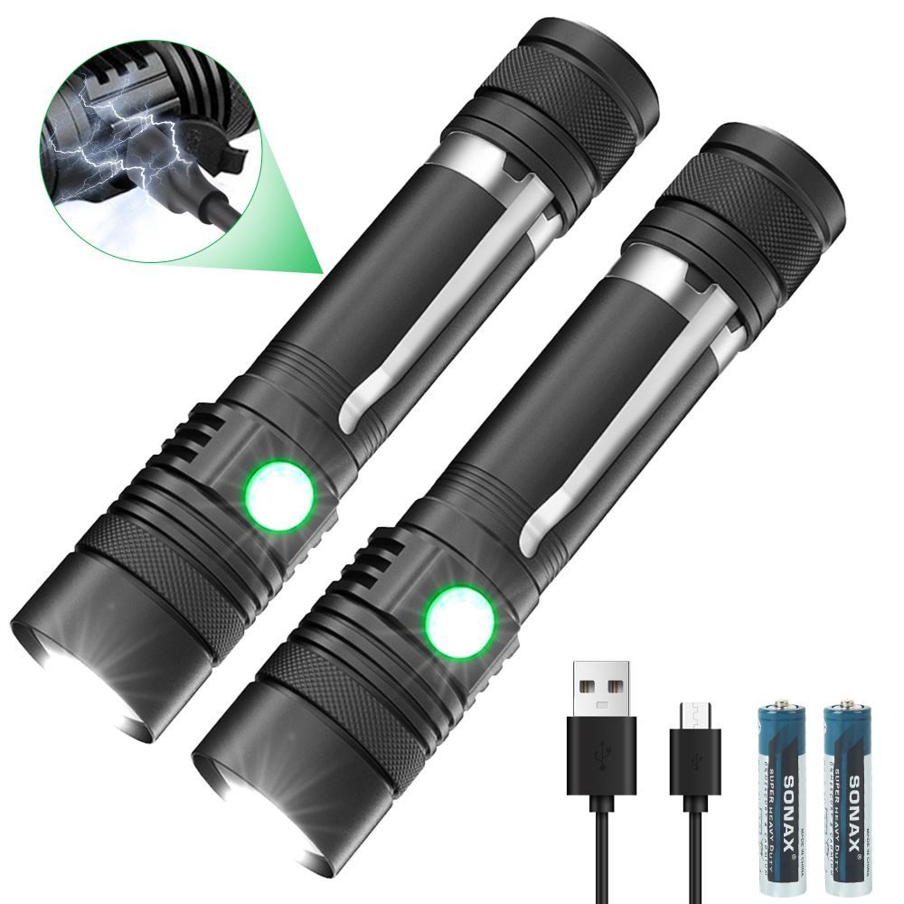 HUGERSTONE LED Taschenlampe Aufladbar Taschenlampe 800lm superhell (2-St., für Camping Wandern Notfälle mit Akku), wiederaufladbar, dimmbar, fokussierbar,3 Lichtmodi