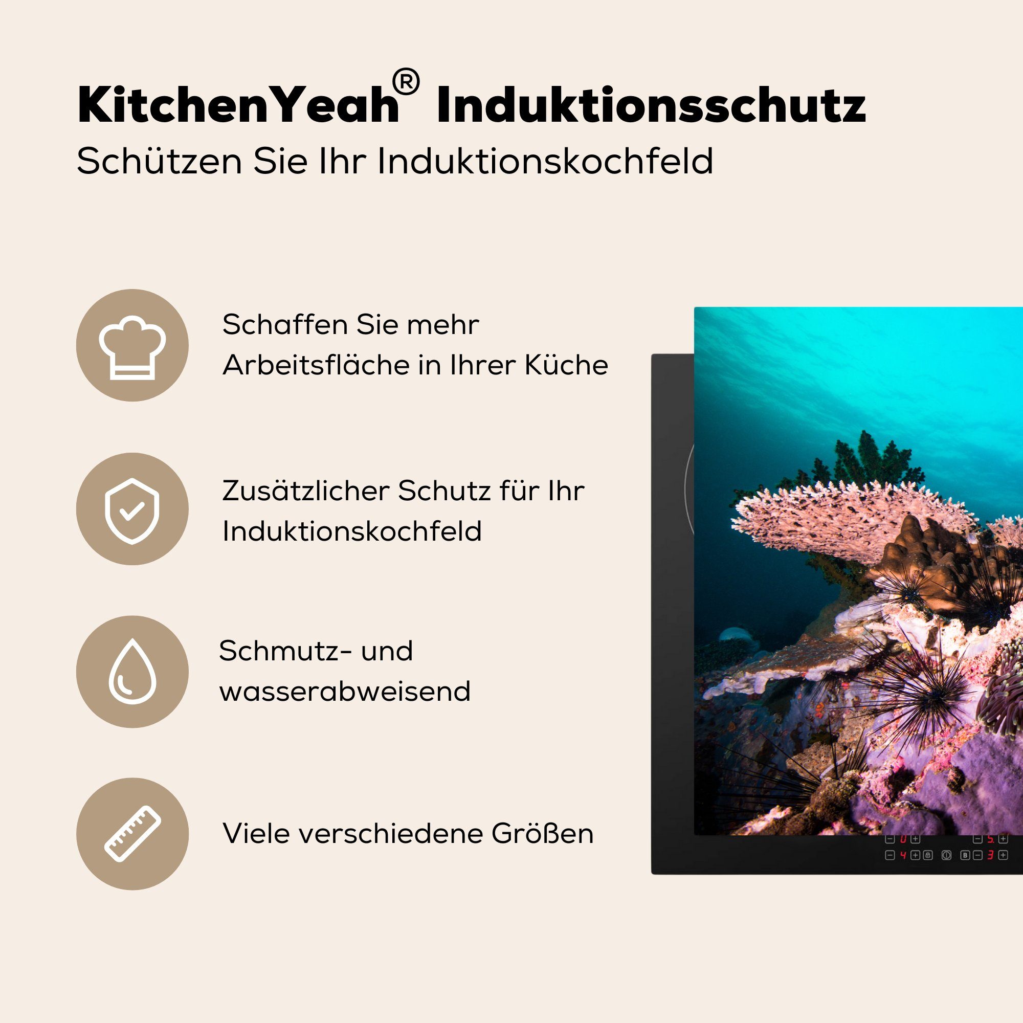 MuchoWow Herdblende-/Abdeckplatte die Schutz cm, für küche, in 81x52 Korallen einem tlg), dunklen (1 Vinyl, Meer, Ceranfeldabdeckung Induktionskochfeld Bunte