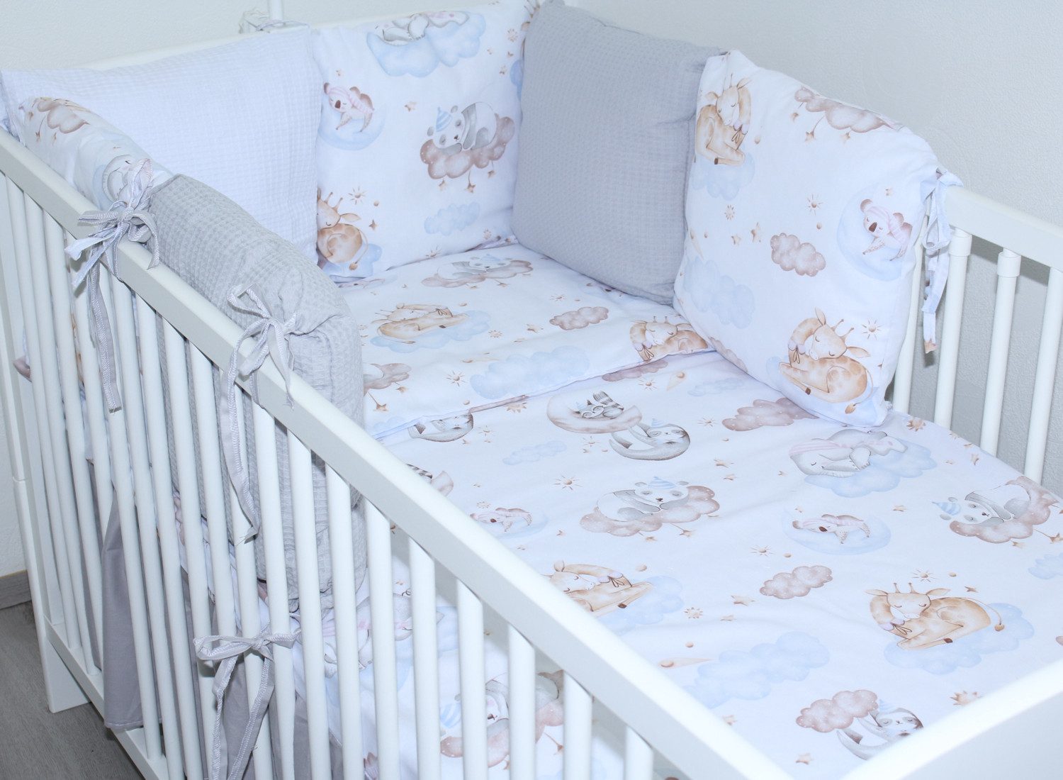 Primawela Babybettwäsche Bettwäsche Bettset Waffelpiqué - 6 x Kissen -Nestchen Vollstoff Himmel, 6 teilig