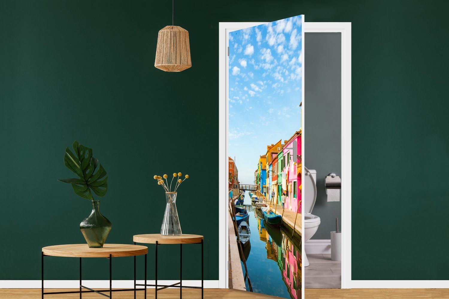 - (1 bedruckt, Häuser Matt, Farben, Italien cm Türaufkleber, für Fototapete Tür, 75x205 St), - Türtapete MuchoWow