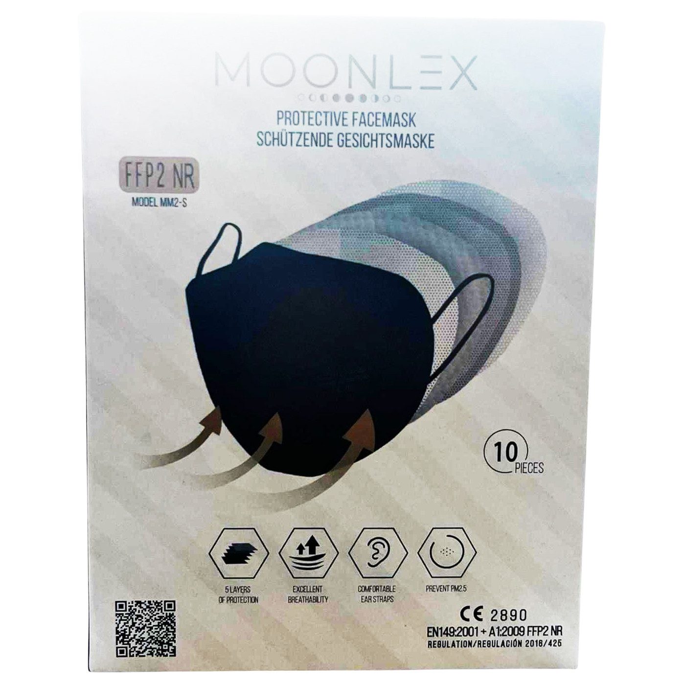 Moonlex Mund-Nasen-Maske FFP2 Masken SCHWARZ - Made in Europe (10 Sück)