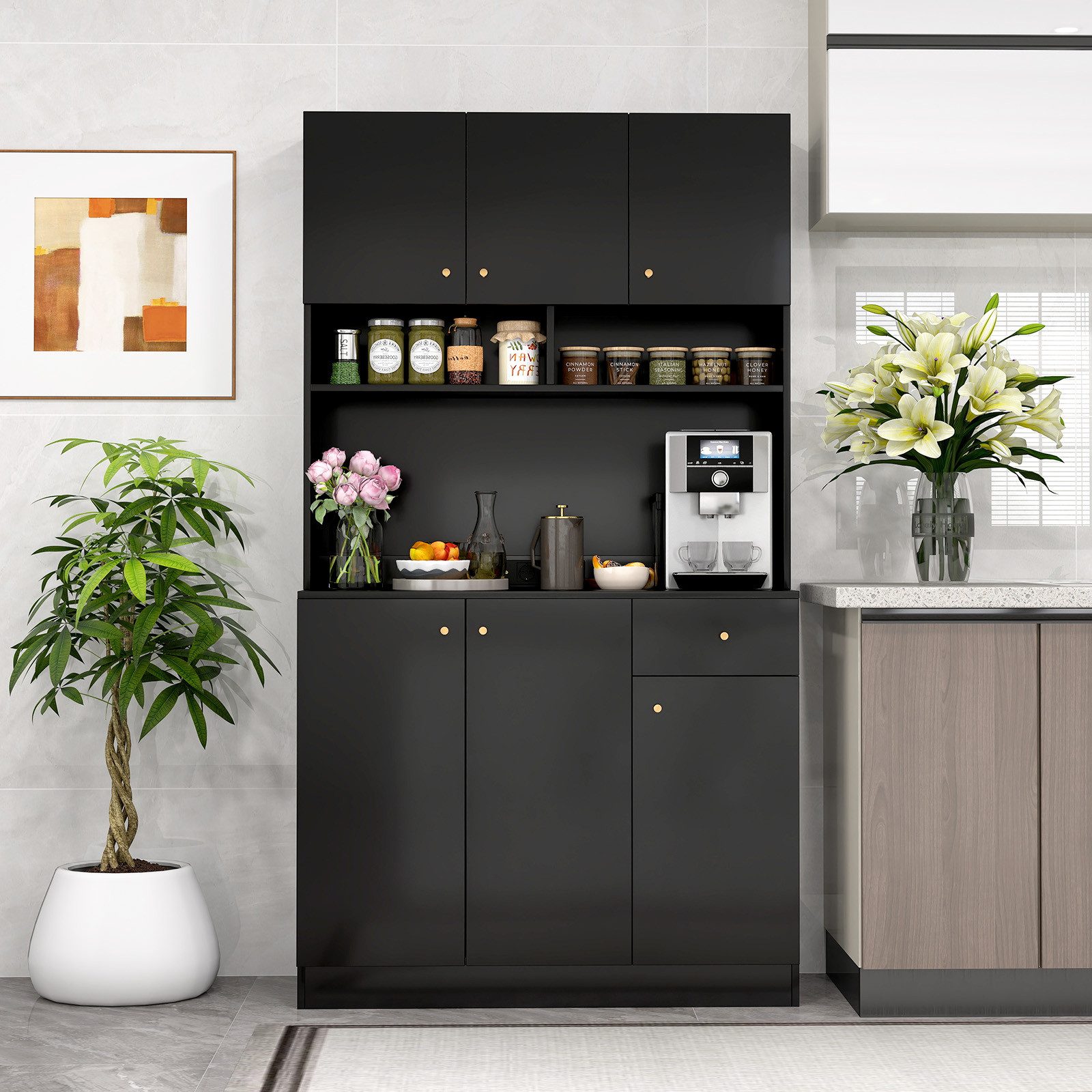 COSTWAY Küchenbuffet Küchenschrank mit Steckdosen, Arbeitsplatte, 180cm wei günstig online kaufen