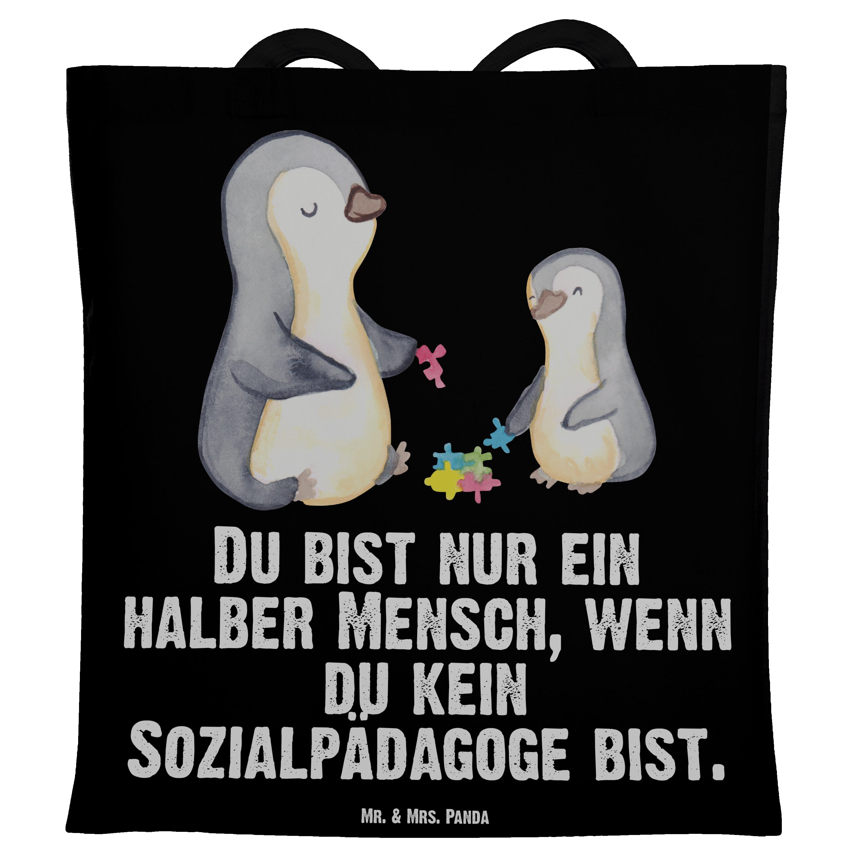 Mr. & Mrs. Panda Tragetasche Sozialpädagoge mit Herz - Schwarz - Geschenk, Abschied, Stoffbeutel, (1-tlg)