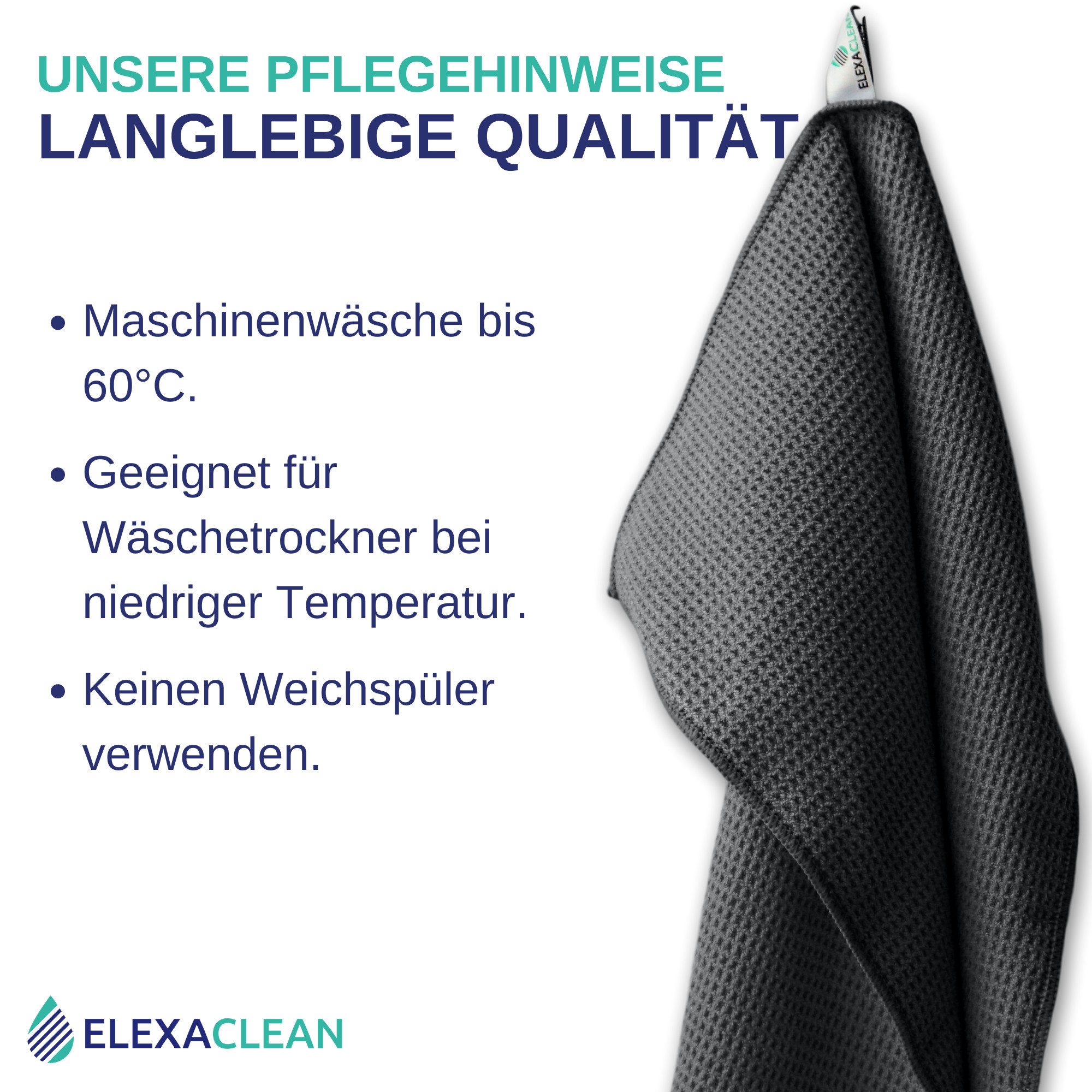 ELEXACLEAN Waffeltuch Trockentuch Mikrofasertuch (80% Polyester, 20% Polyamid, Set, 2-tlg., 60x40 cm, streifenfrei, fusselfrei, saugstark) – Bild 4 von 5