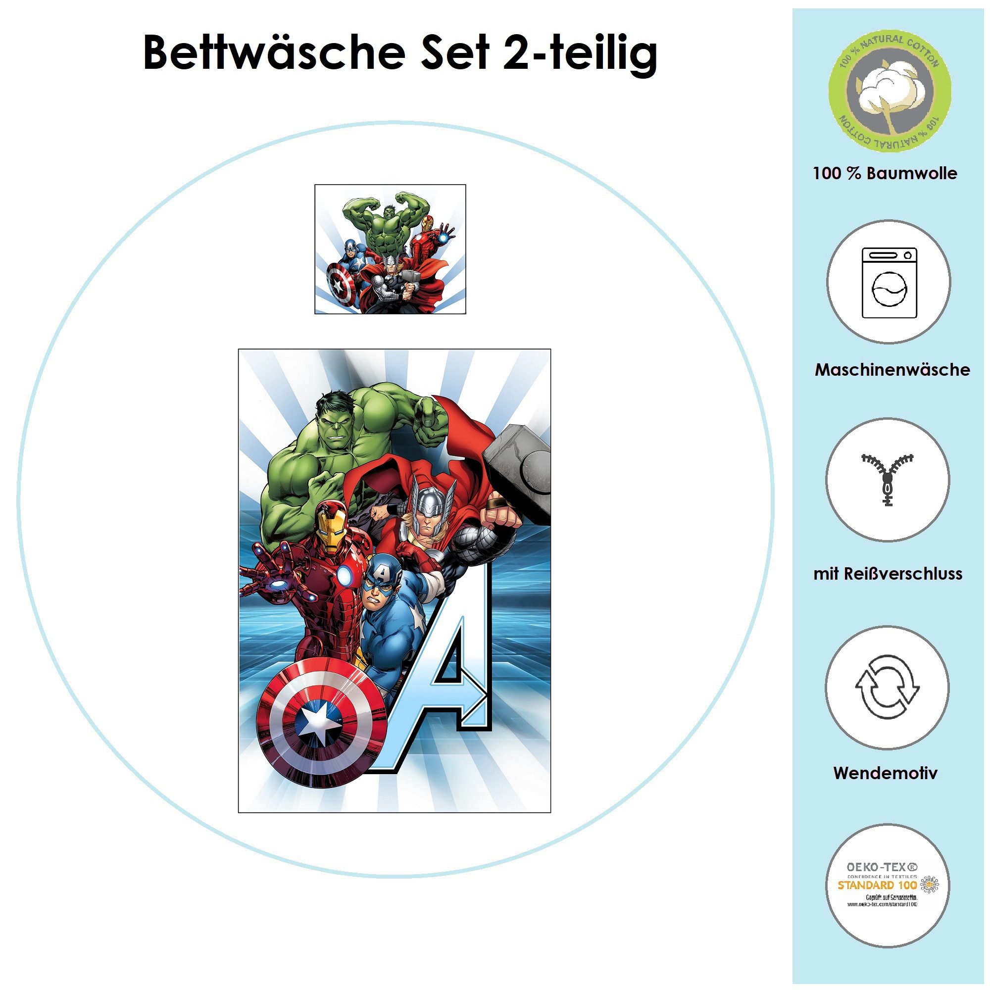 Familando Kinderbettwäsche Marvel Avengers Bettwäsche Weiß-Blau für Jungen 135x200cm 80x80cm im C, Renforcé, 2 teilig, mit Wendemotiv auf Kissen und Decke