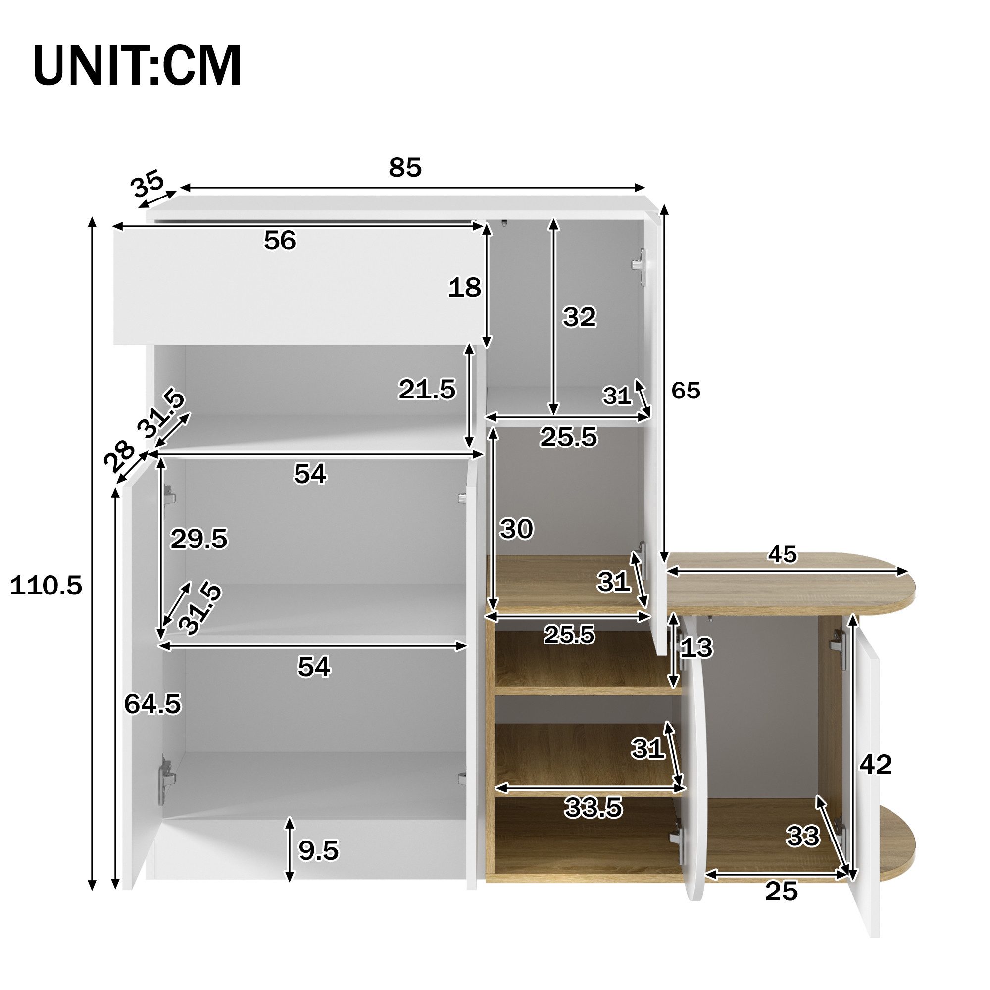 Flieks Schuhschrank mit Sitzbank, 1 Haken, 1 Schublade, 5 Türen und offenem Ablagefach (1-St., 130×35×110,5 cm) Schuhkommode mit Schuhbank Schuhregal Flurschran – Bild 5 von 5
