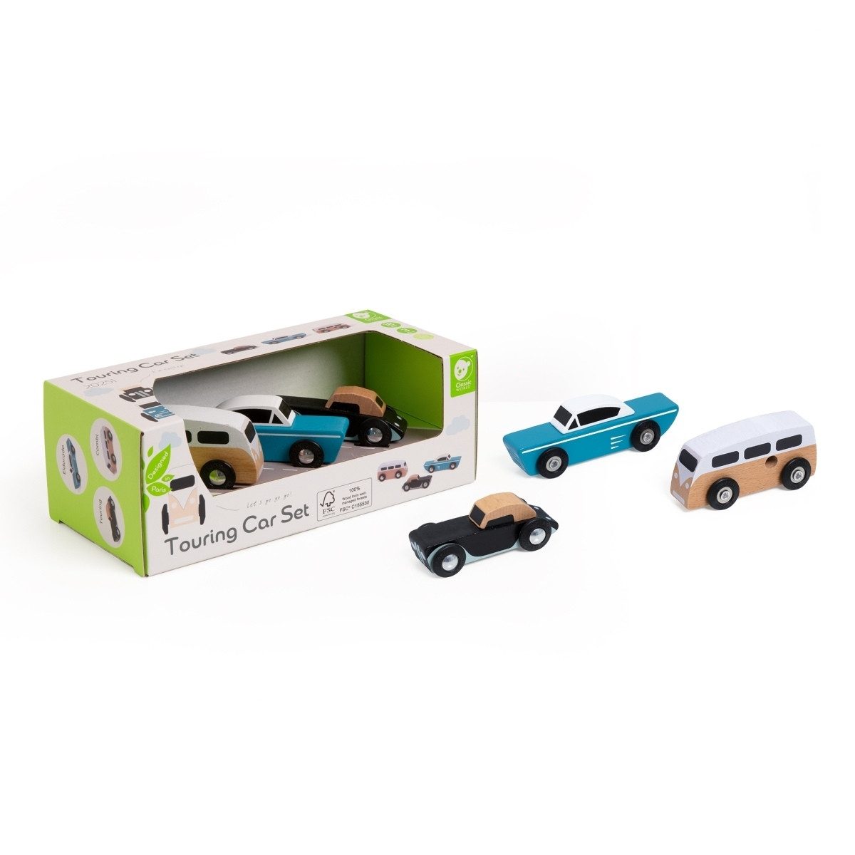 Classic World Spielzeug-Auto Holzauto Set 3er Retro Fahrzeuge kompatibel Holzschiene ab 18M