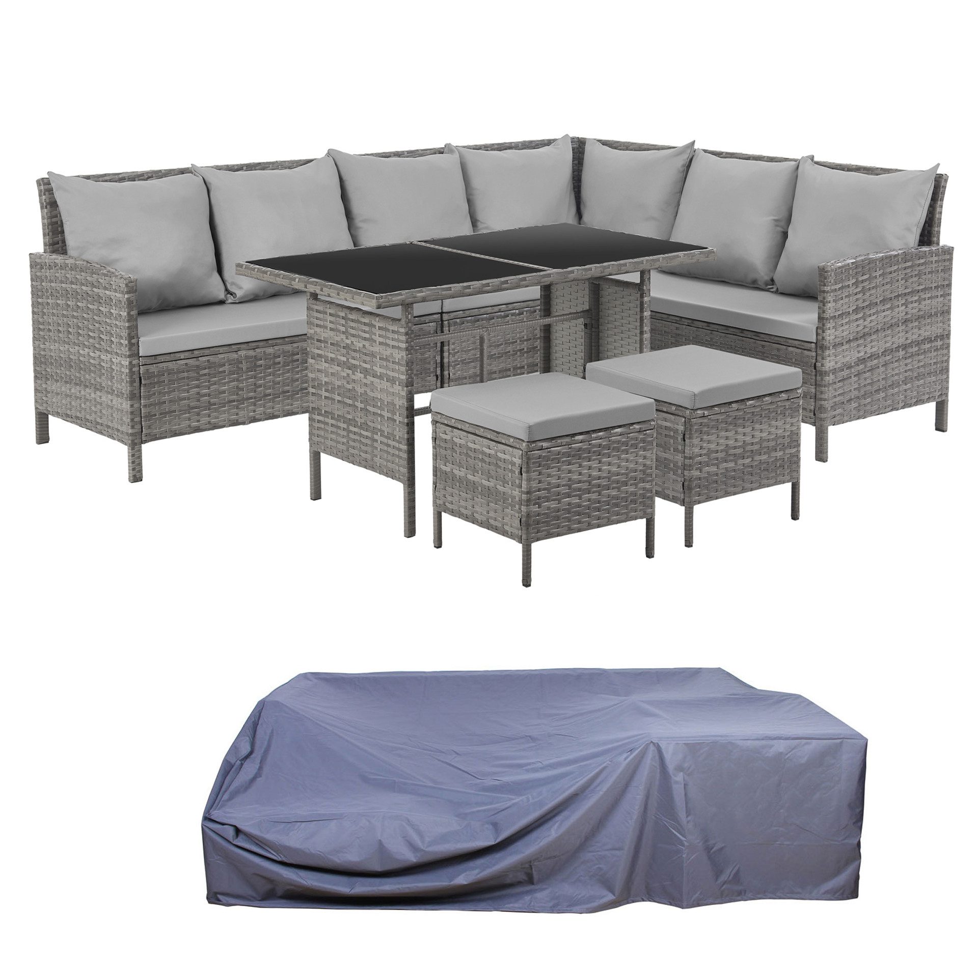 SVITA Gartenlounge-Set MADISON, (Set, 2-tlg., Gartenmöbel-Garnitur mit passender Abdeckhaube), Ecksofa, Sitzgruppe, Wetterschutzhaube, Polyrattan, Grau