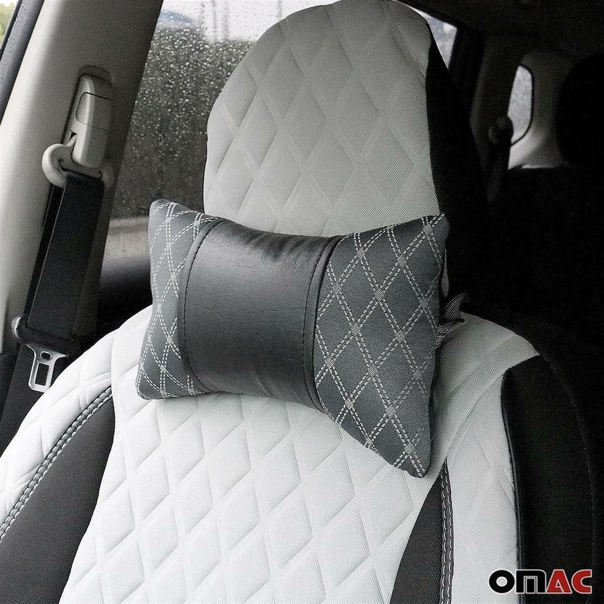 OMAC Autokopfstütze 2 Stück KFZ Auto Nackenkissen Textil & Leder Schwarz Grau 8x30