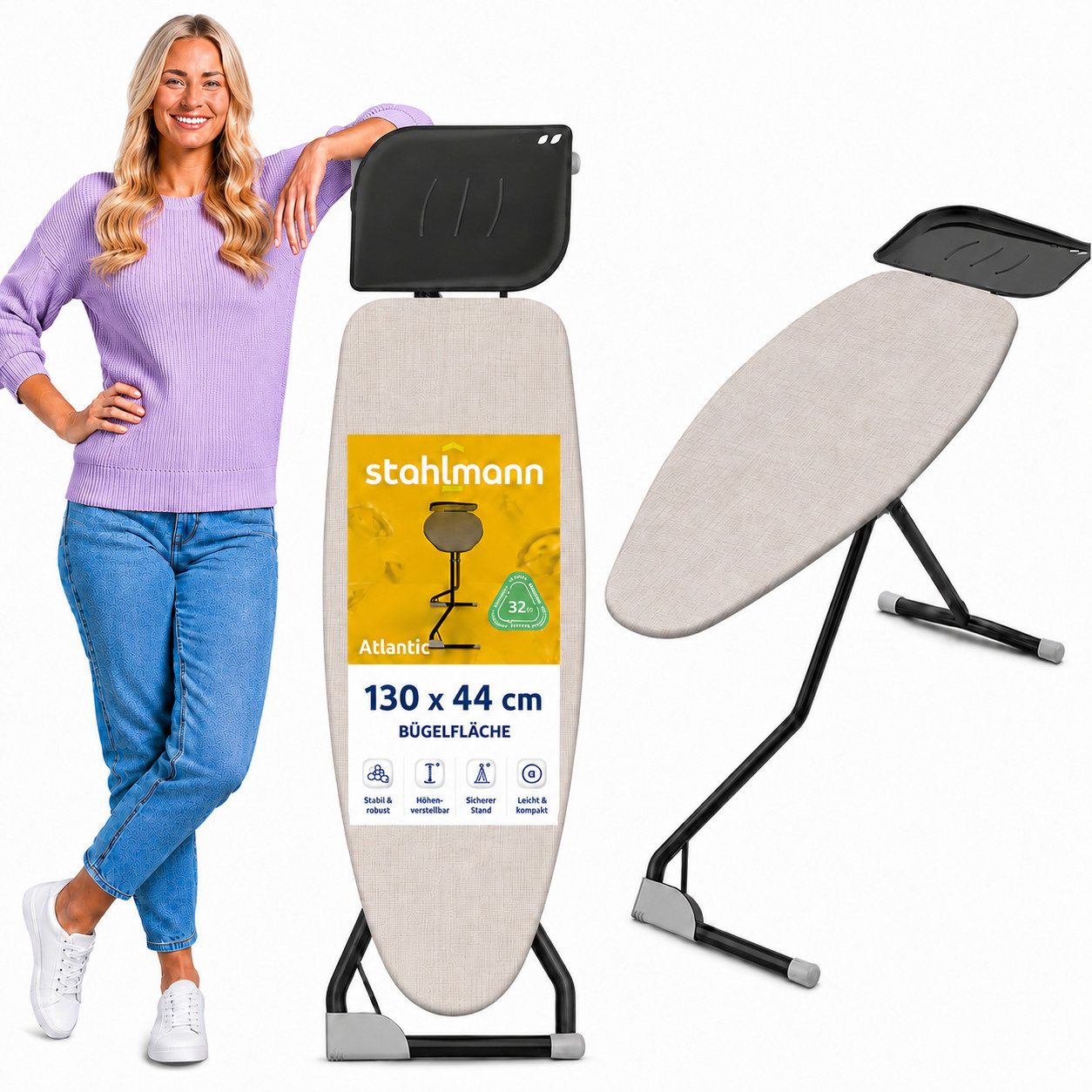 STAHLMANN COMMERCE GmbH Bügelbrett Bügelbrett Atlantic [130 × 44 cm] 6-fach höhenverstellbar Italien, Bügelfläche 130x44 cm, 130 × 44 cm · 6-fach · 5 kg belastbar · Made in Italy