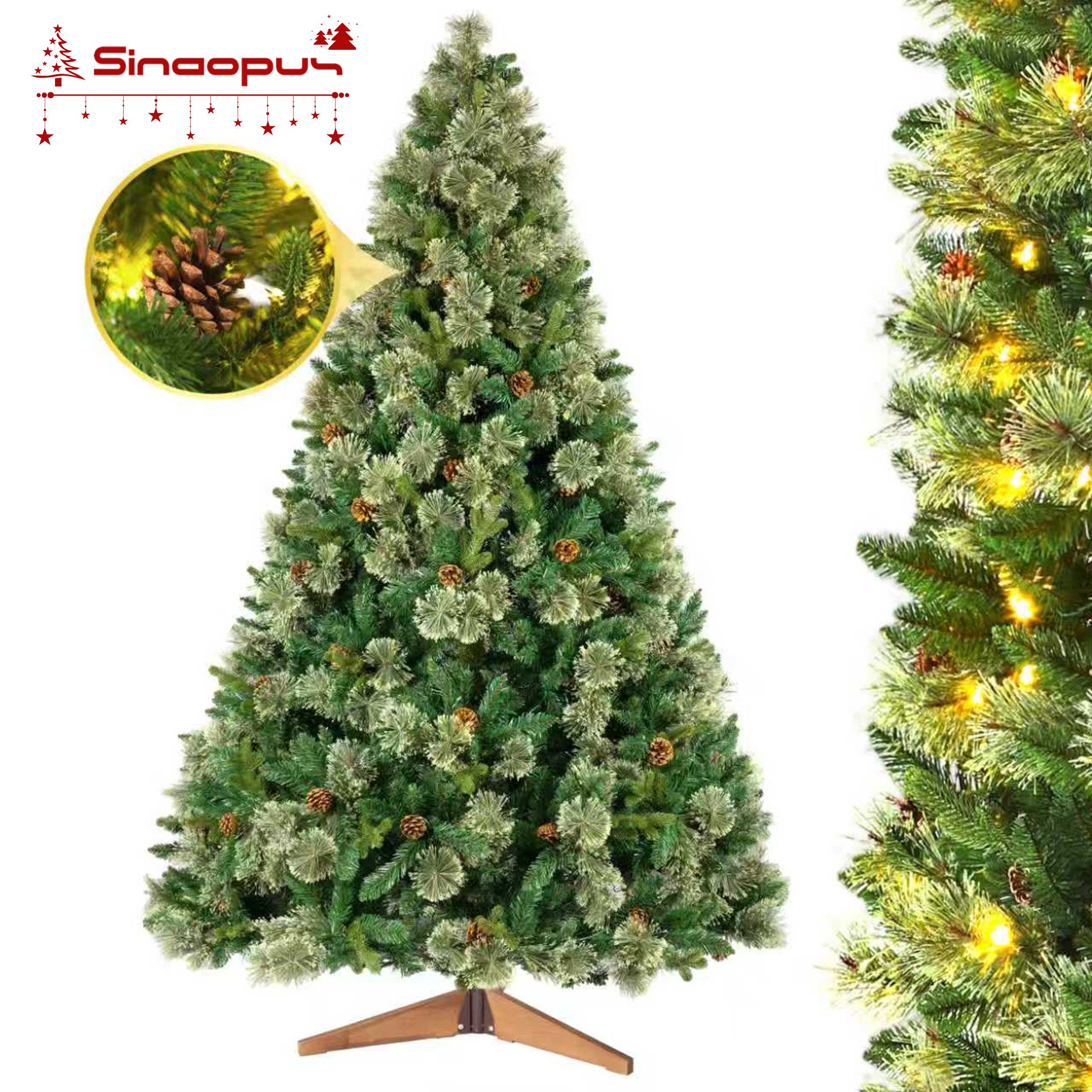 Vankel Künstlicher Weihnachtsbaum mit Beleuchtung, Weihnachtsbaum aus PVC und PE, 180/210cm, Holzständer, 210cm Weihnachtsbaum, Tannenbaum künstlich, mit Lichterkette und Handschuhe, mit echten Tannenzapfen, 250 Lichter, 1300 Spitzen, naturgetreu, dicht, werkzeugloser Aufbau