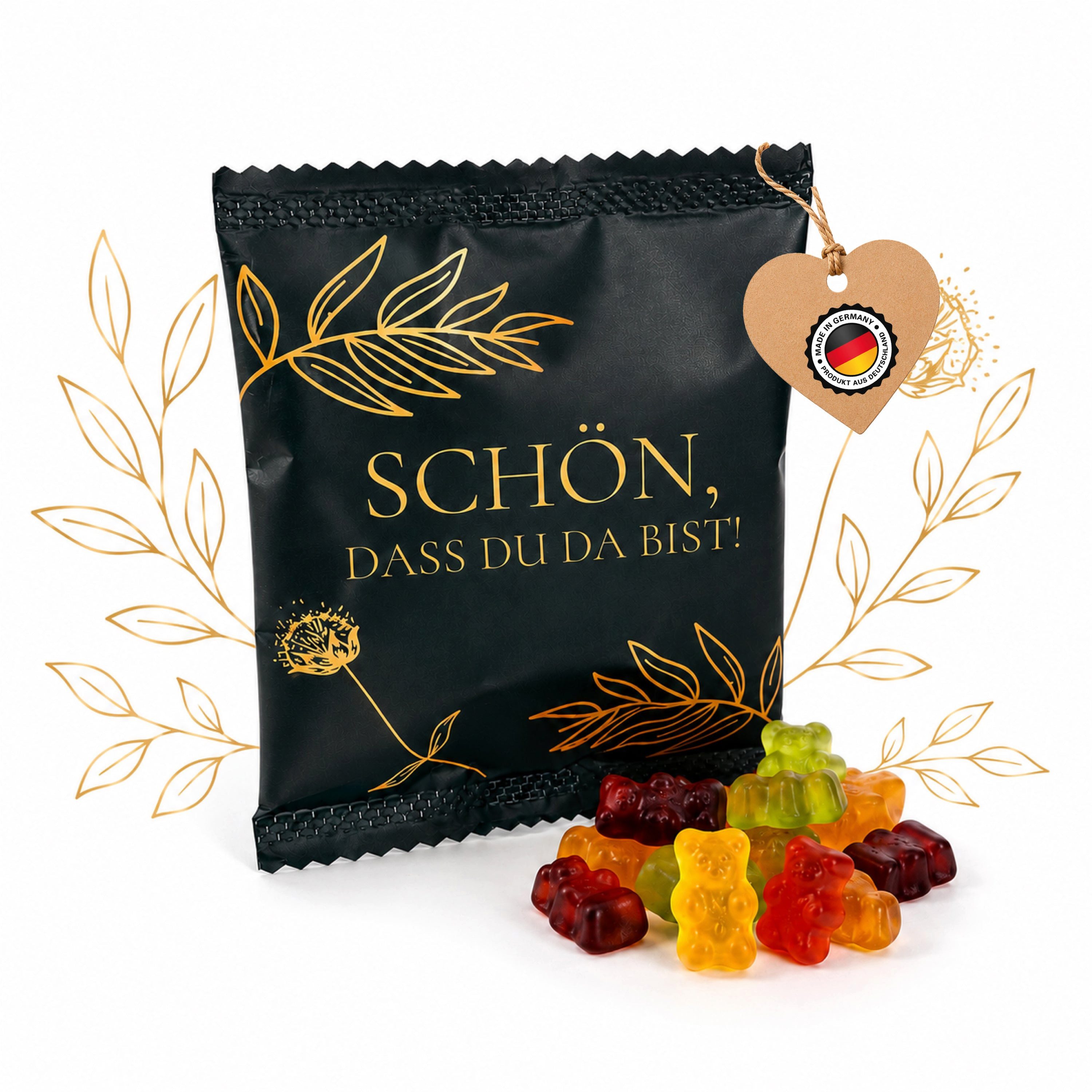 Logbuch-Verlag Aufkleber Fruchtgummi-Päckchen Schön, dass du da bist, Dunkelgrün Matt mit Gold