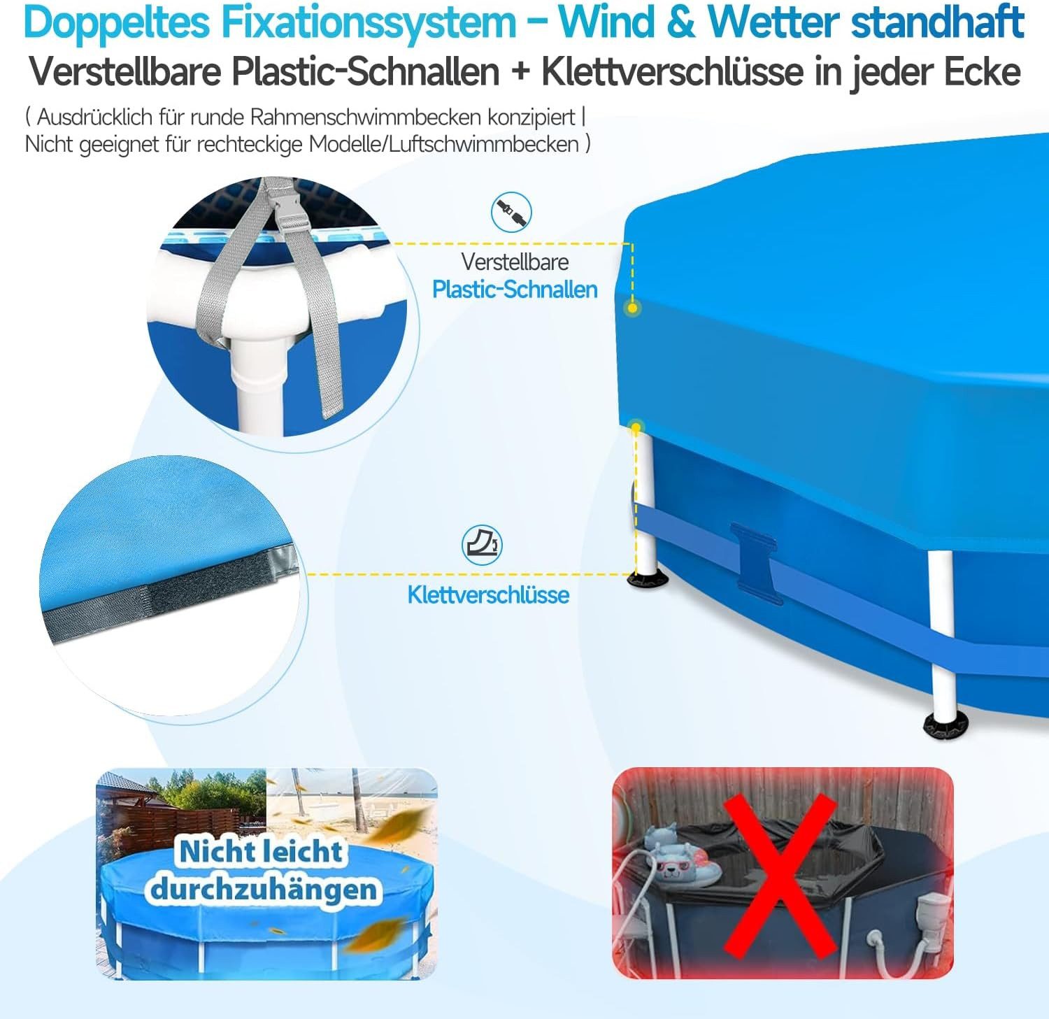 Sekey Pool-Abdeckplane Poolabdeckung Rund Swimmingpool Abdeckplane Sommer & Winter Schwimmbad, Wind- & Staubdicht, keine zusätzlichen Befestigungen nötig