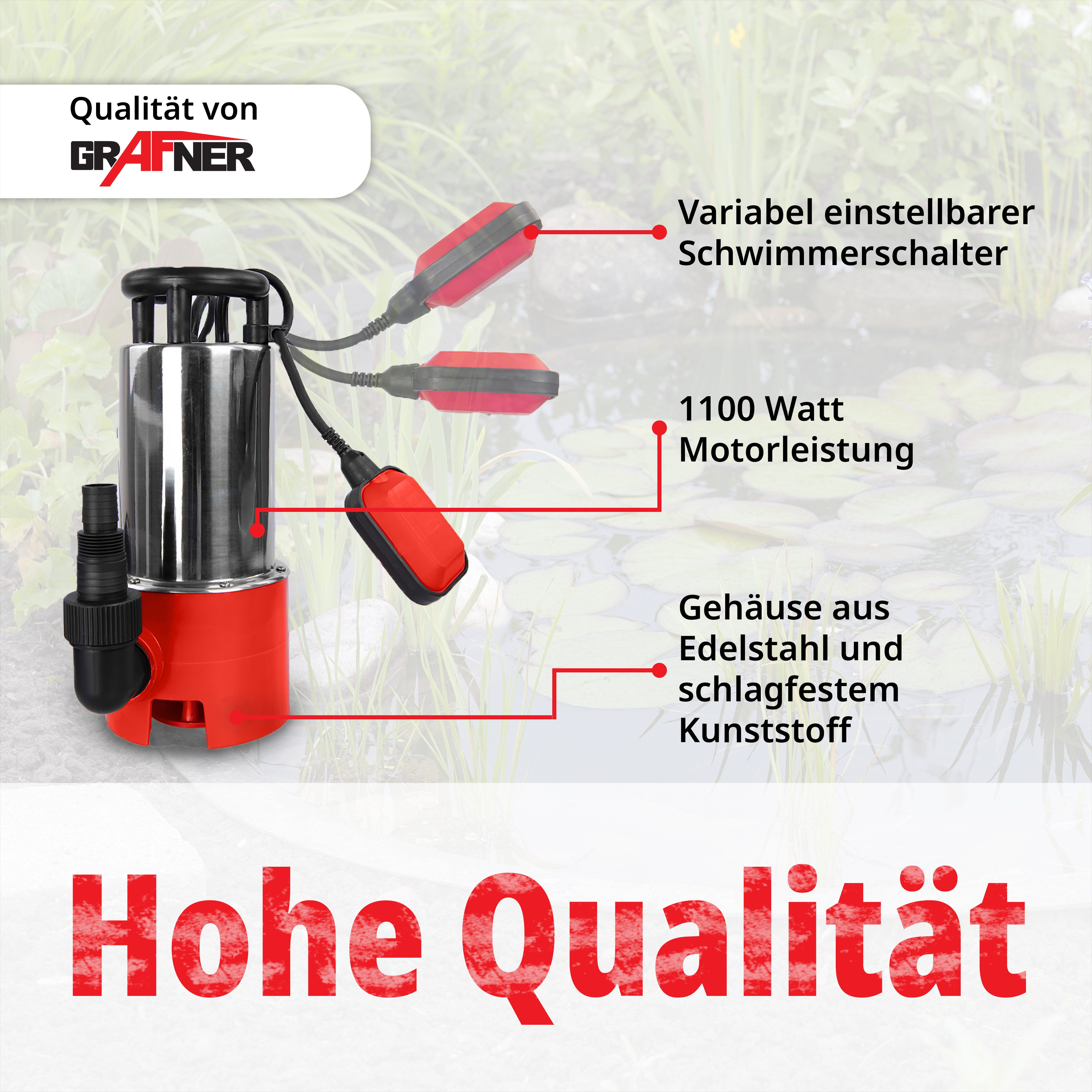 Grafner Schmutzwasser-Tauchpumpe Schmutzwassertauchpumpe Gartenpumpe Pumpe 1100 Watt 20.000 l/h, 20.000 l/h Fördermenge