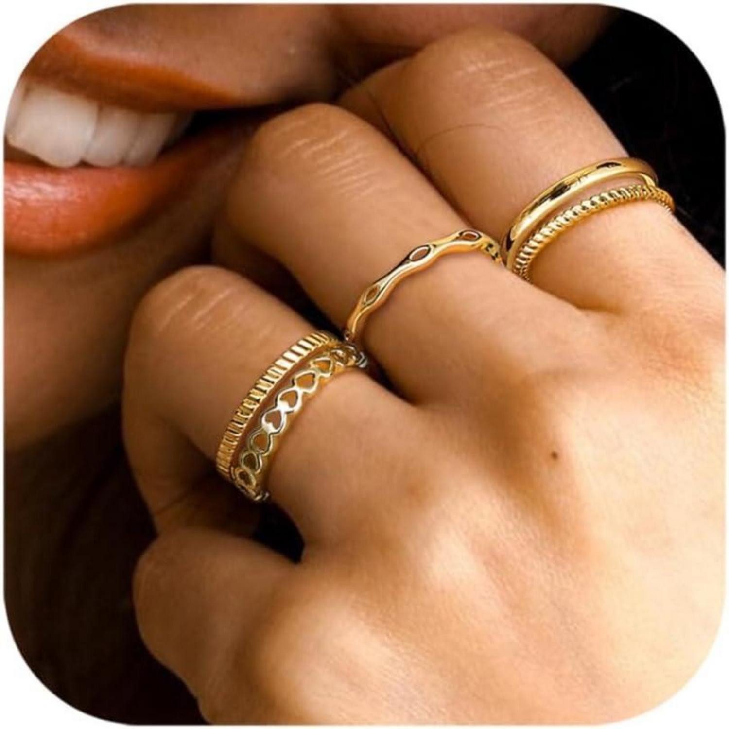 Adramata Ring-Set Vergoldete Verstellbare Ringe Set 5 Stück - Gold Daumenring Fingerring