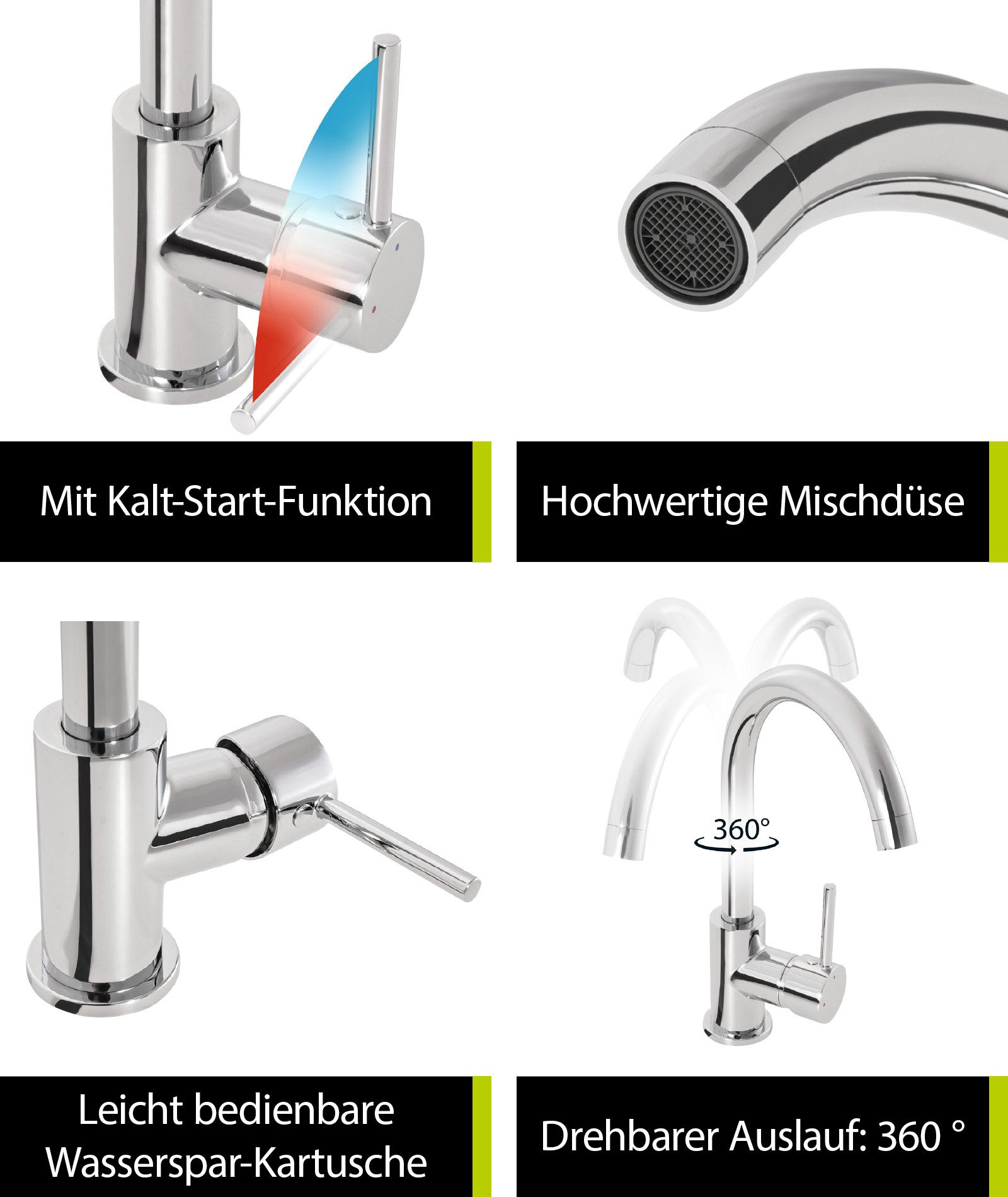aquaSu Spültischarmatur Kira Chrom, hoher Auslauf, Kaltwassermittelstellung, Wassersparend