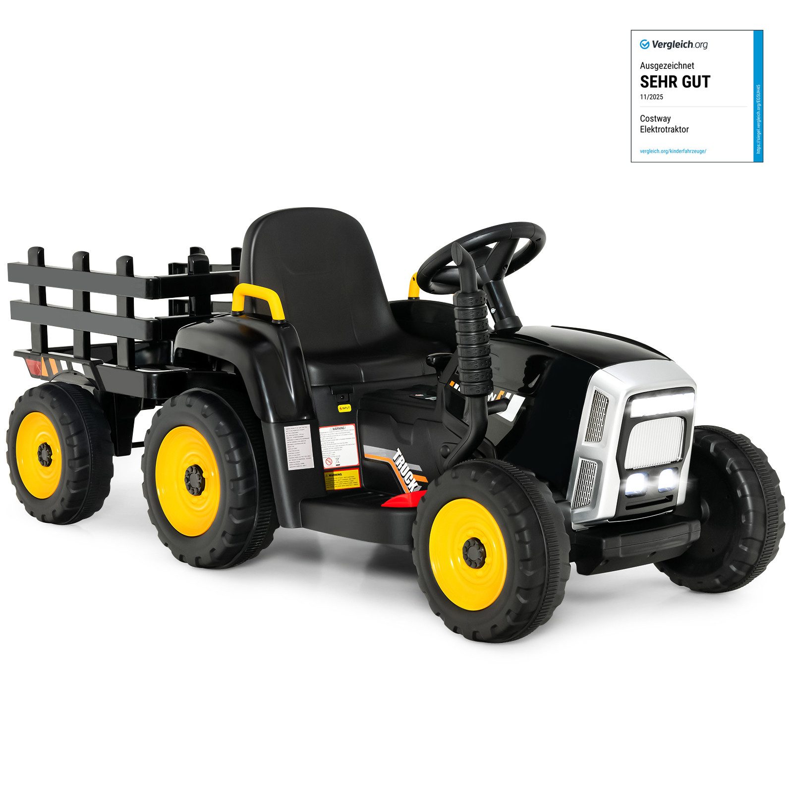 COSTWAY Elektro-Kindertraktor Aufsitztraktor, mit USB & abnehmbarem Anhänger