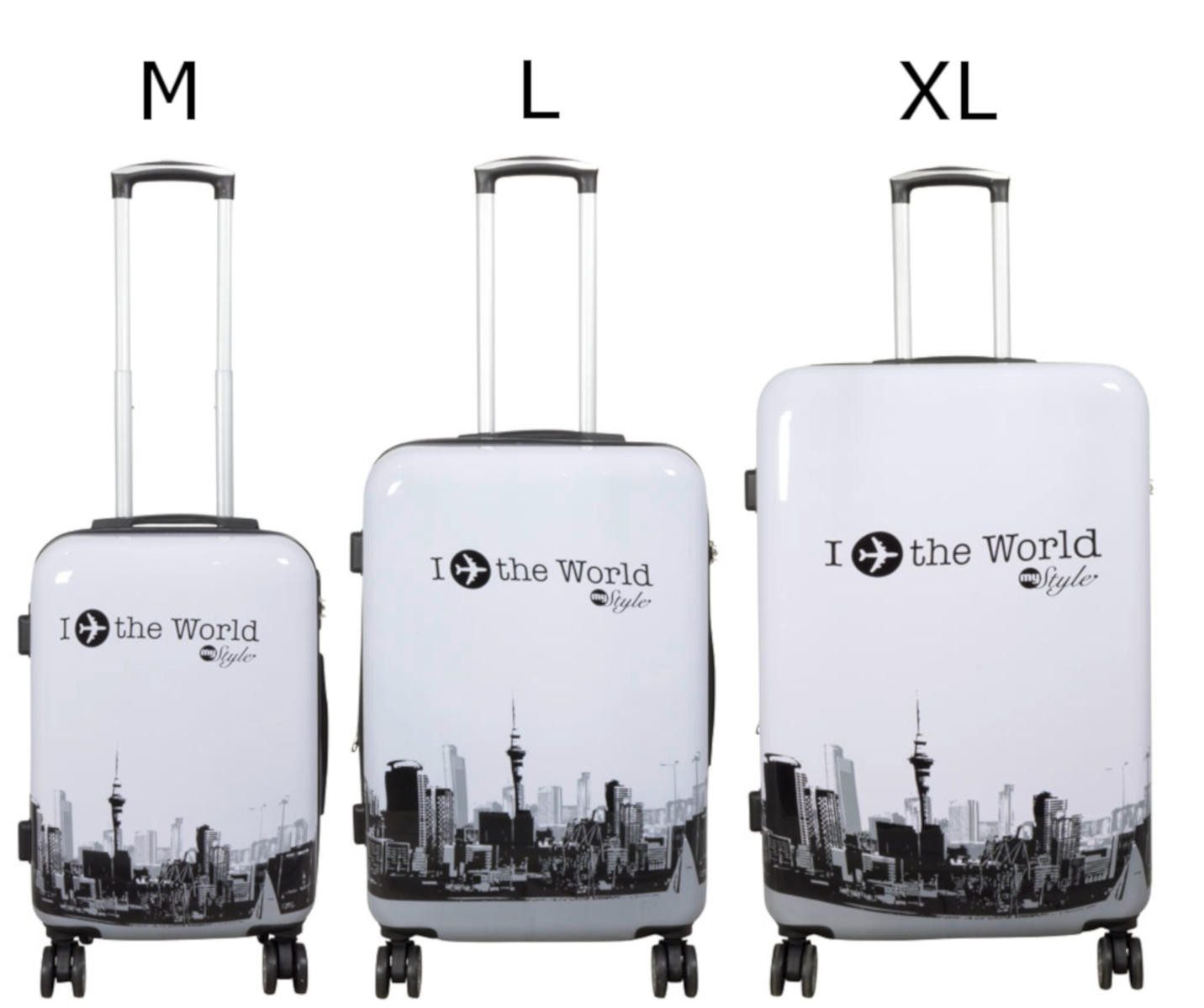 Warenhandel König Trolleyset Fly the World, 4 Rollen, (Gr. M, L und XL, 3 tlg., M, L und XL), mit Motiv, aufrecht rollbar, mit Dehnfalte (Gr. L und XL)