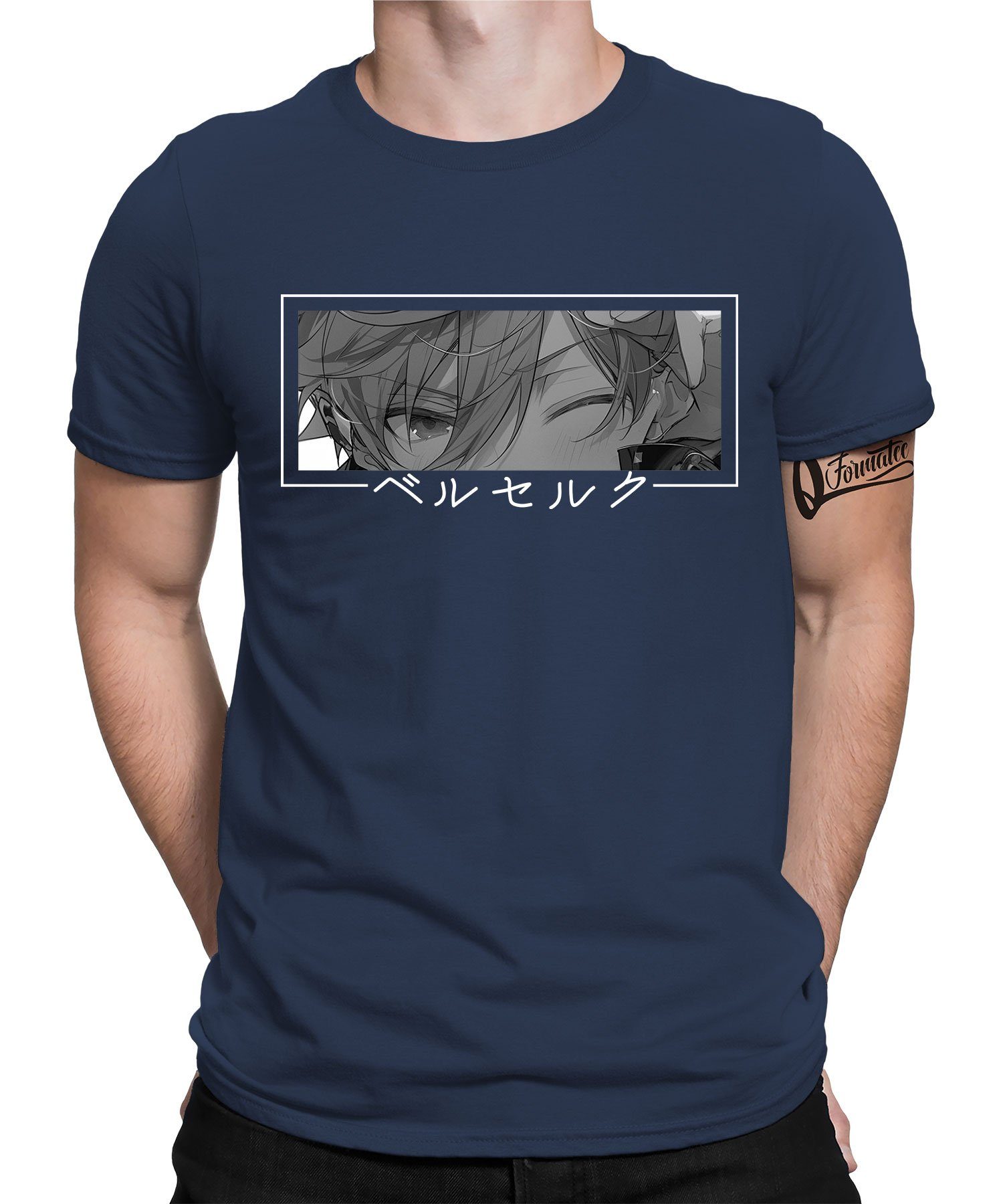 Quattro Formatee Kurzarmshirt Japan Herren Ästhetik T-Shirt - Blau Anime Kawaii Navy (1-tlg) Augen
