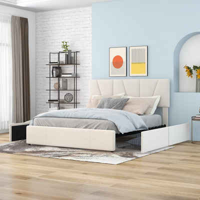 OKWISH Bett Double Size Polster Plattform Bett, gepolstertes Bett (mit vier Schubladen auf zwei Seiten,Verstellbares Kopfteil, 140*200cm), Ohne Matratze
