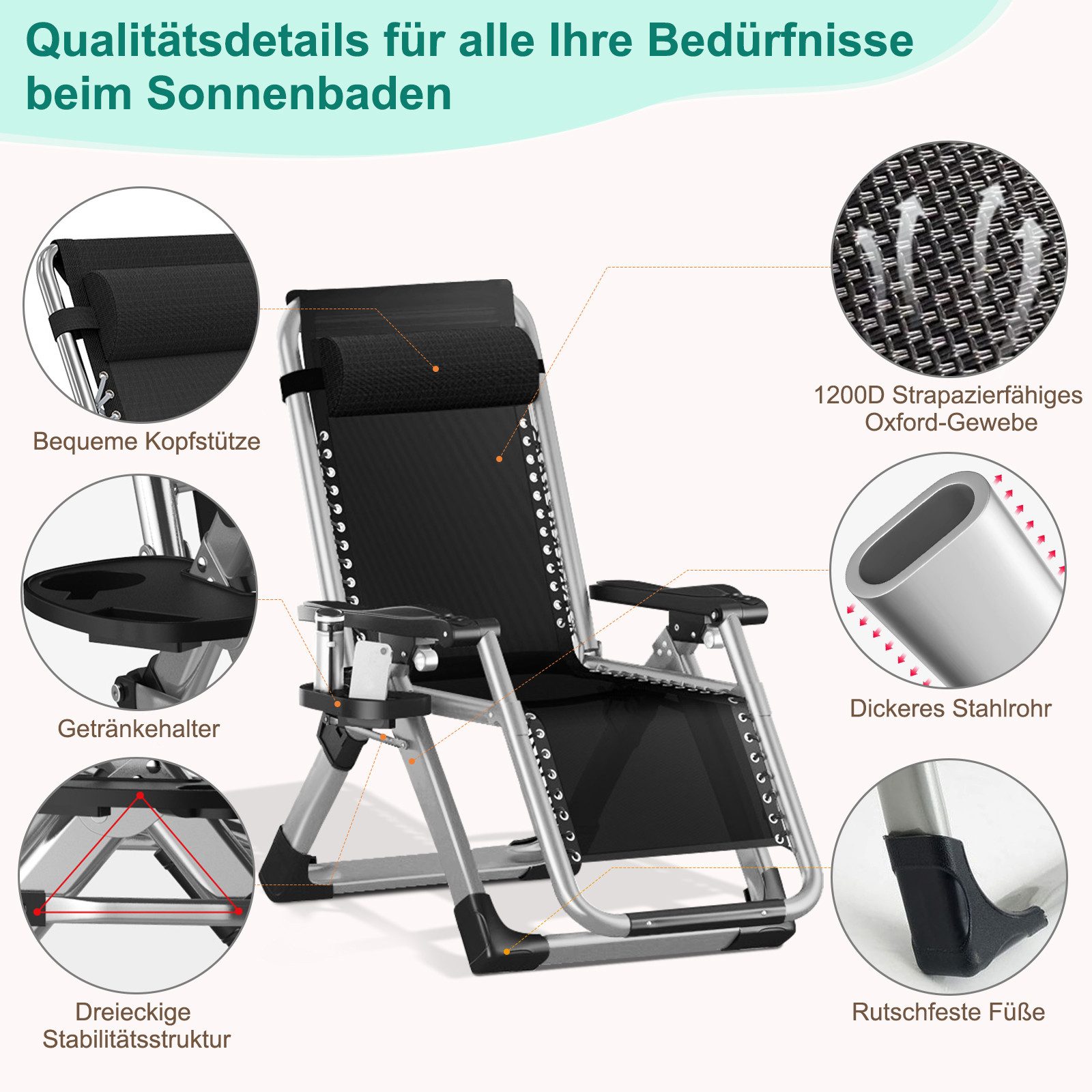Meulbaty Klappstuhl Klappbar Gartenliege mit Polster Seitentasche, 150 kg Traglast, mit einem dickeren Rahmen und hochwertigen Materialien – Bild 5 von 5