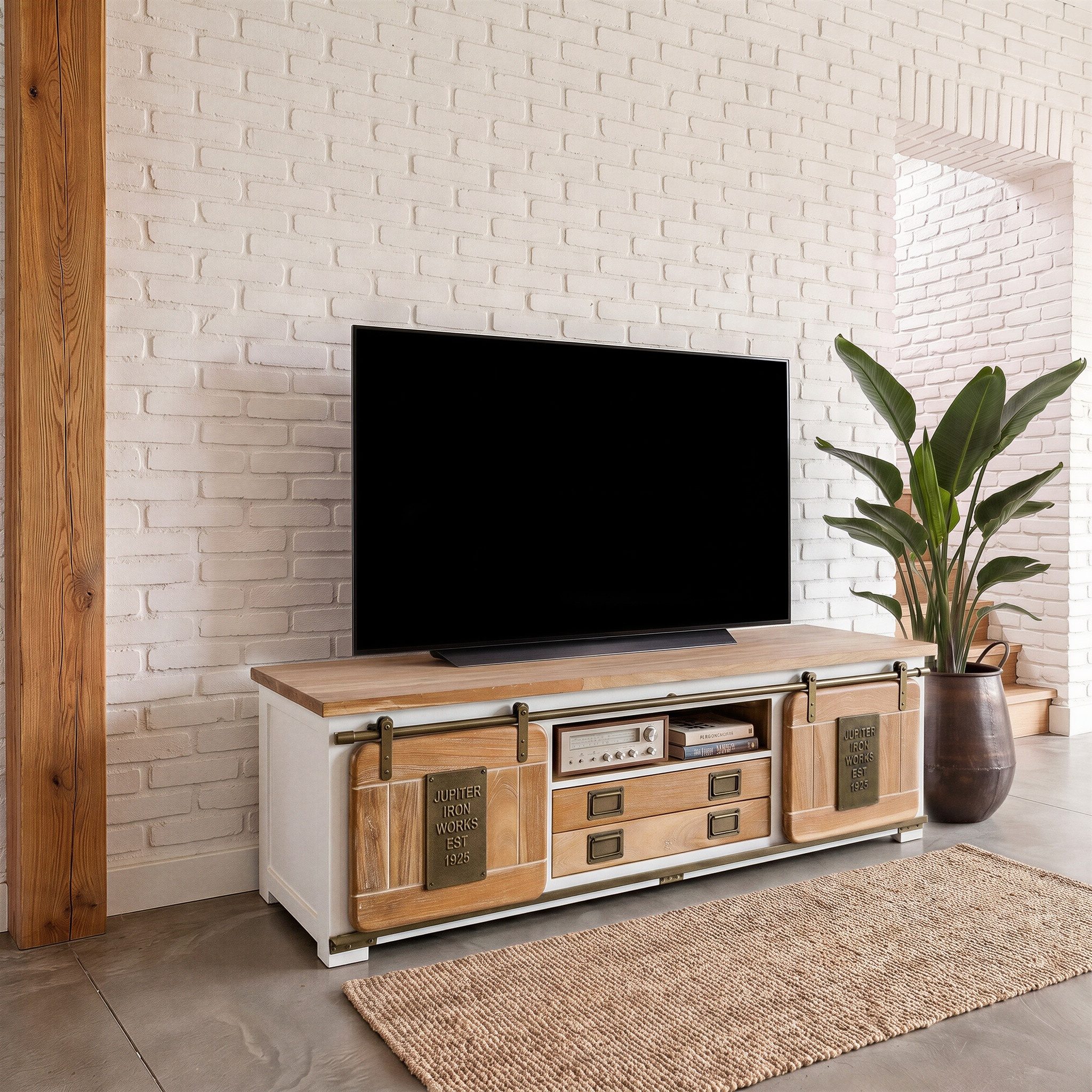 Massivmoebel24 TV-Board RAILWAY (Massivholz), Mango 180x55x50 weiß lackiert RAILWAY #314