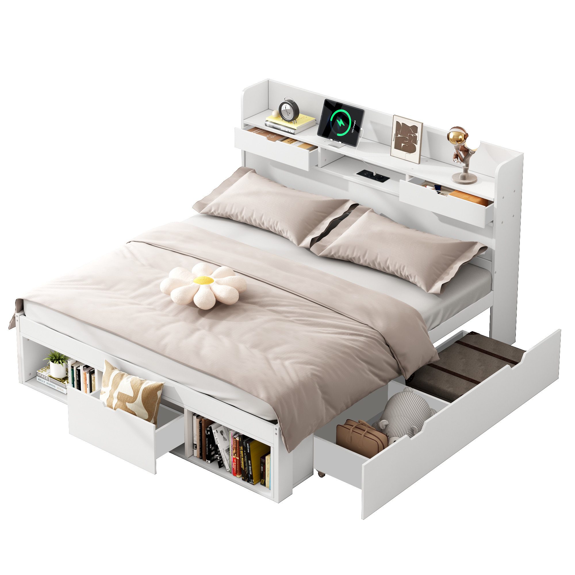 Odikalo Stauraumbett Doppelbett Jugendbett mit USB,Schublade,Stauschrank (140x190 140x200 180x200 cm, Mit USB-port & Schubladen & Stauschrank, Kinderbett, Jugendbett, Multifunktionales Bett, Großer Stauraum, ohne Matratze, weiß)