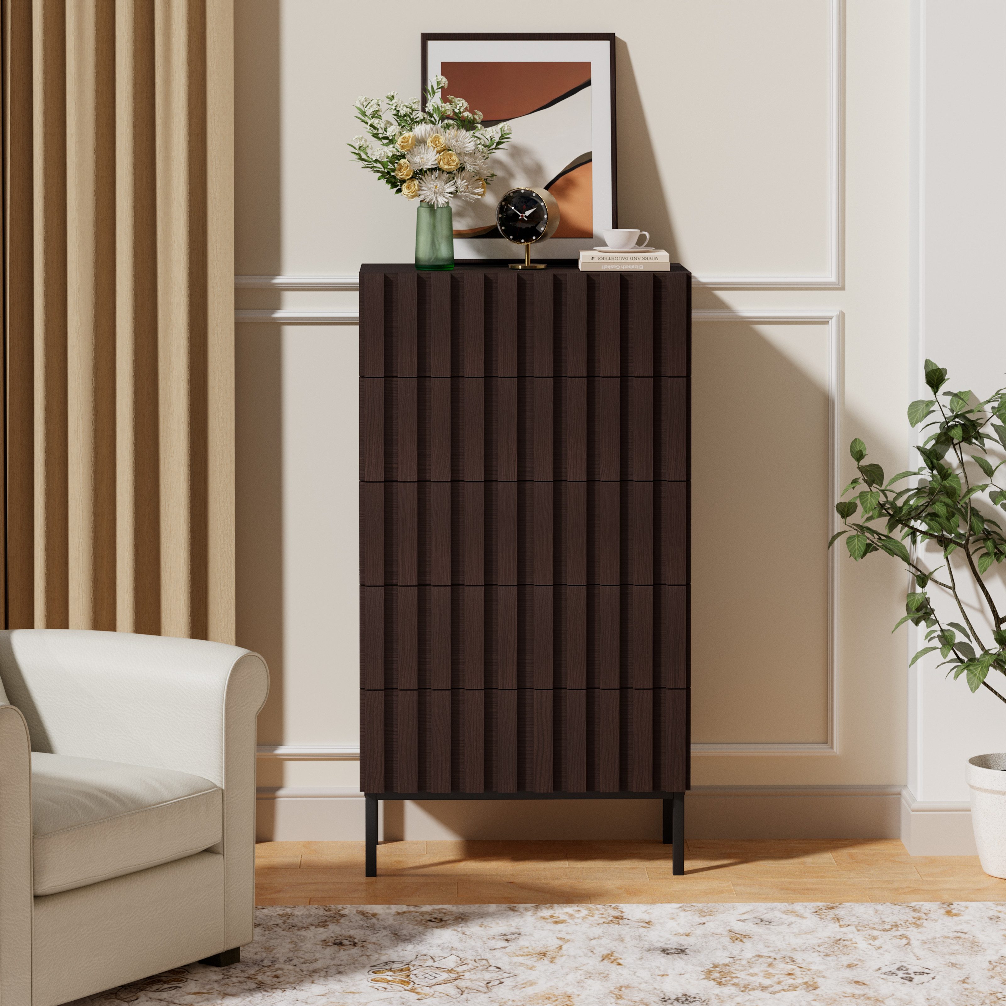 UEV Kommode schmal mit 4/5 Schublanden Sideboard Beistellschrank Buffet (Aufbewahrungskommode, Mehrzweckschrank aus Holz(Natur/Schwarz/Dunkelbraun), Schrank für Wohnzimmer,Schlafzimmer,Flur